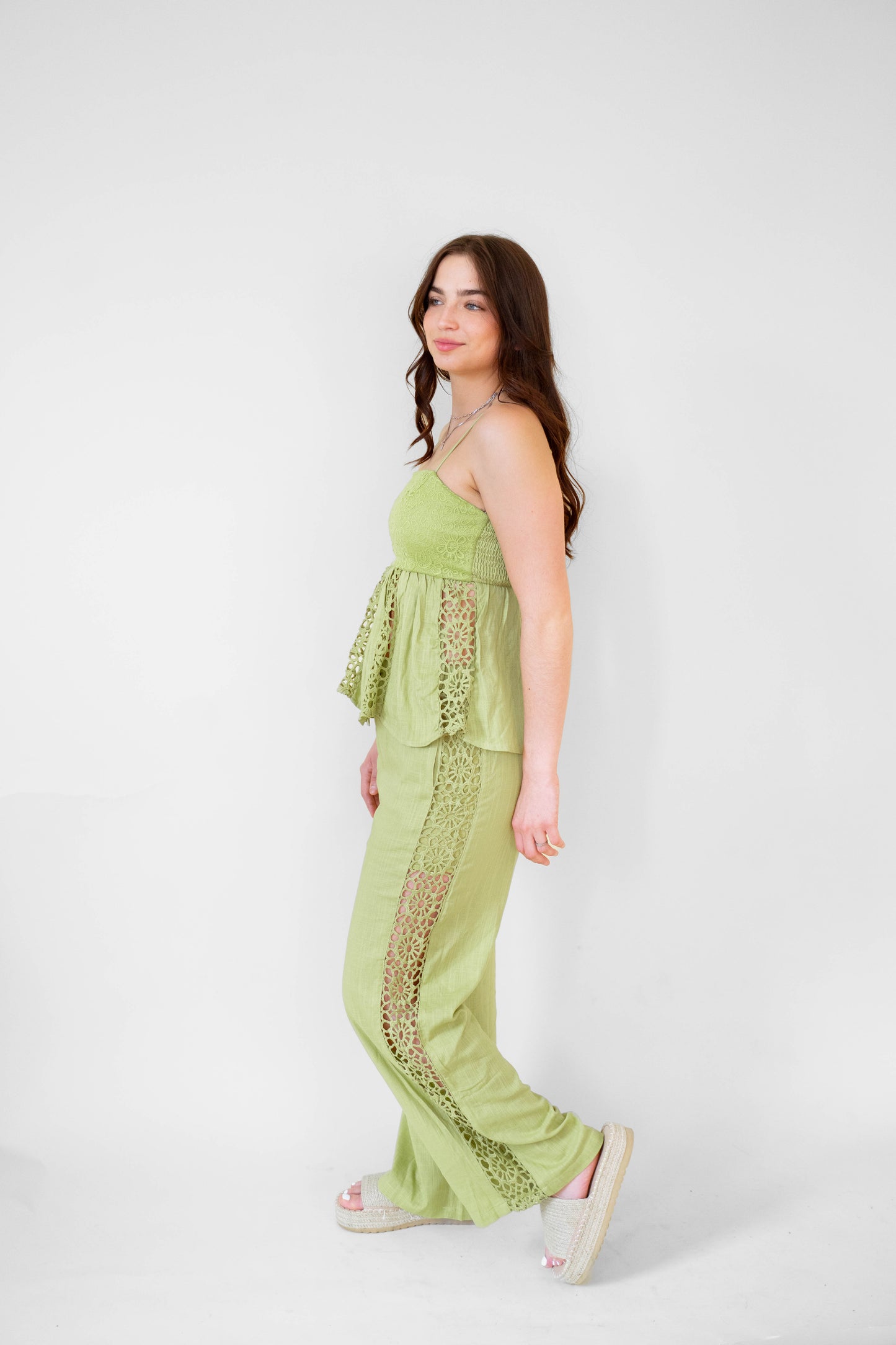 Peplum Top With Lace Border Detail- Pistachio Green