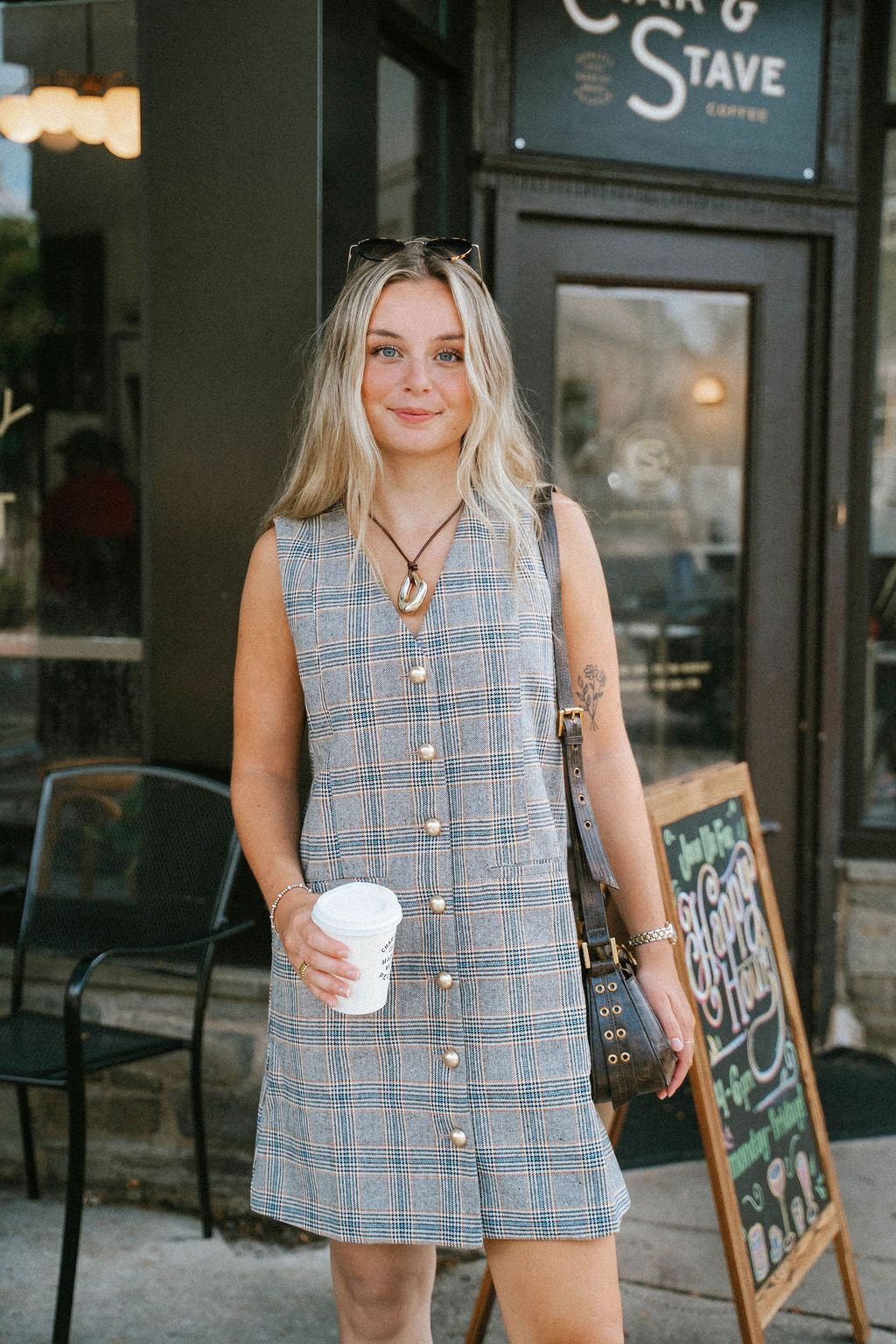 Plaid Sleeveless Gold Button Shift Dress