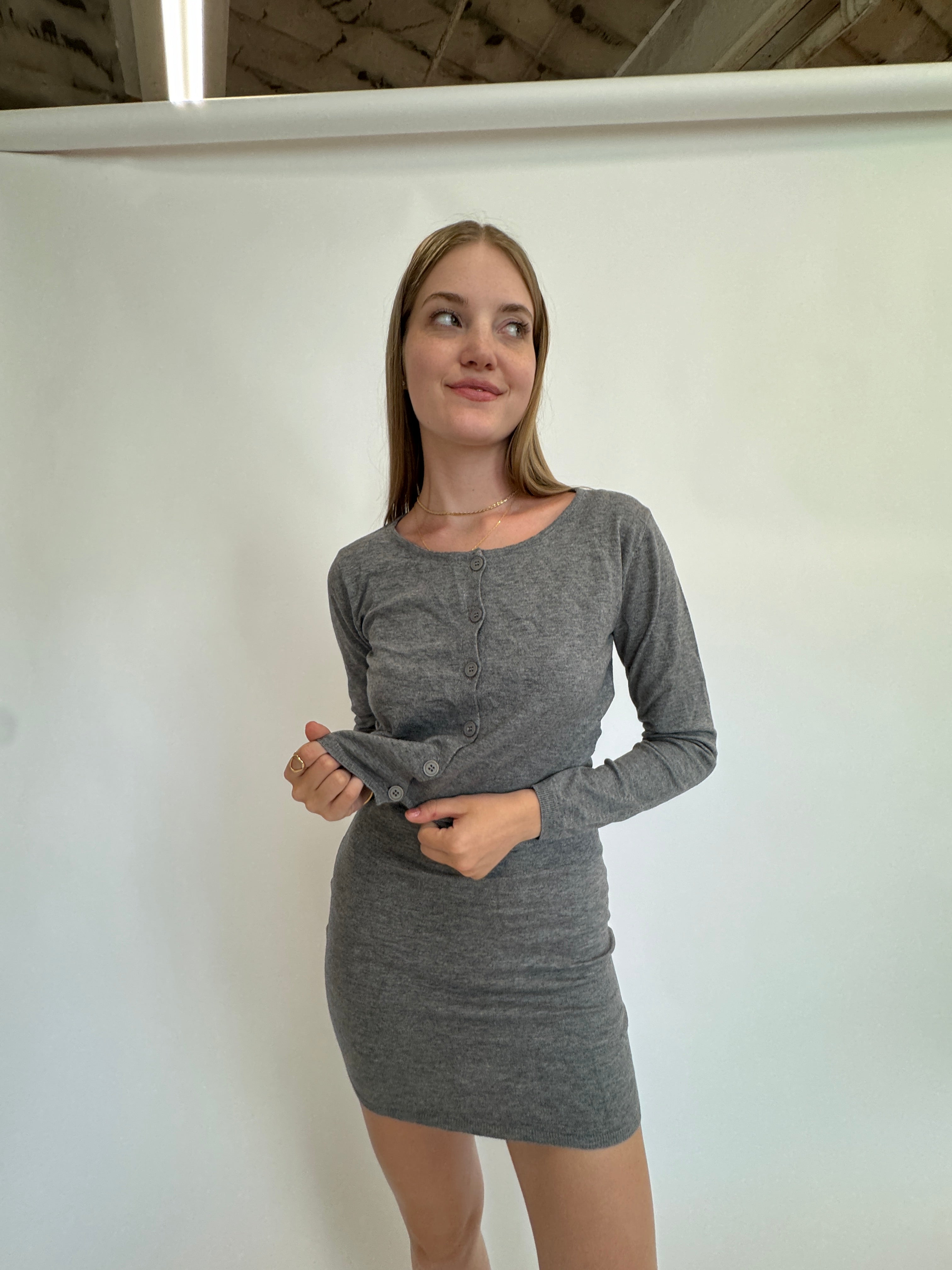 grey dress with cardigan Grey Sweater Dress Cardigan with Gold Button Details