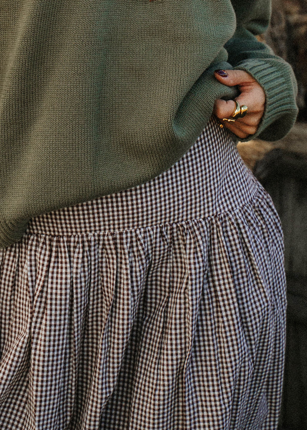 Brown Gingham Drop Waist Midi Skirt