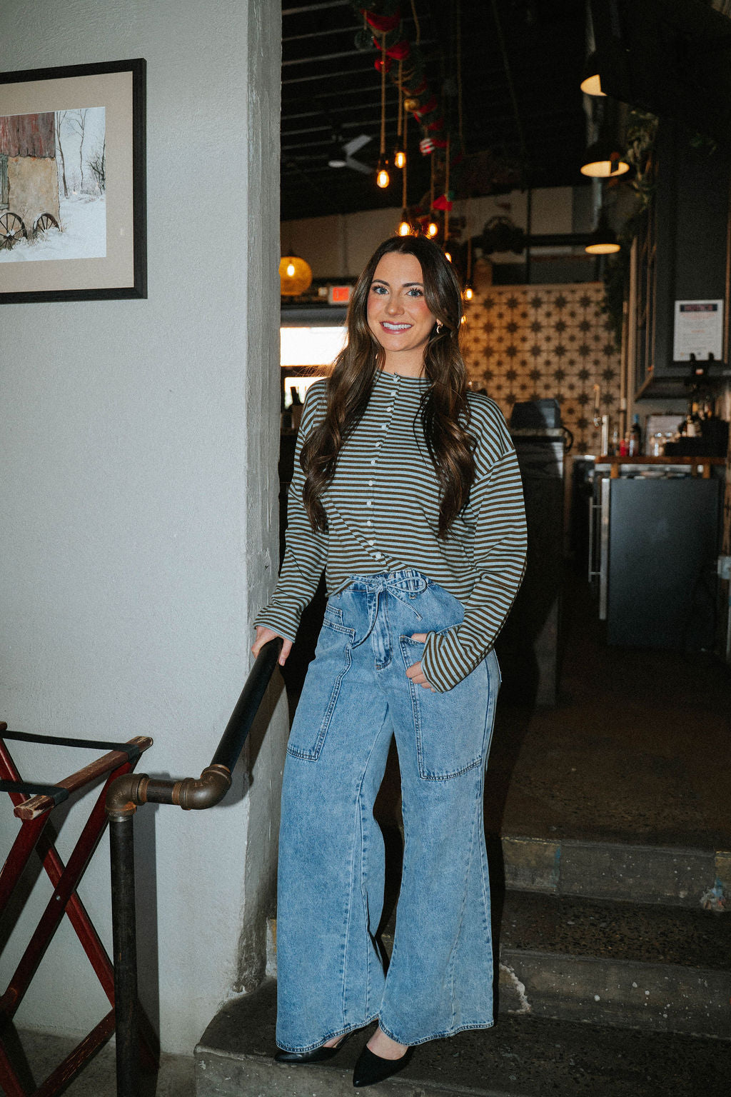 Midnight Lounge Stripe Henley Top-Aqua Blue/ Brown