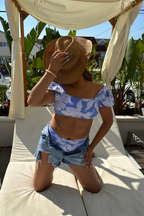 Blue Floral Print Off The Shoulder Floral Bikini Set