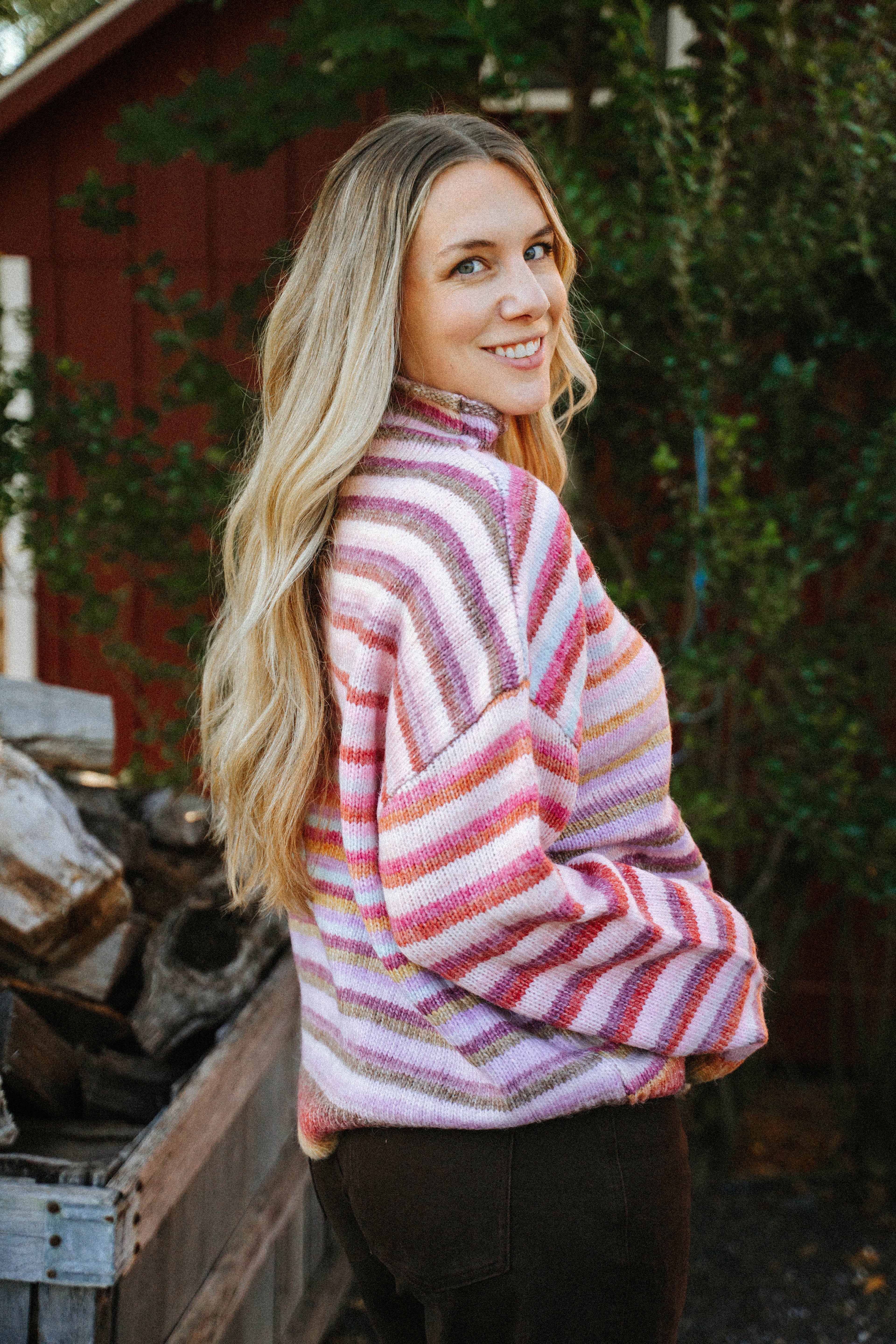 Harvest Lane Stripe Sweater- Berry