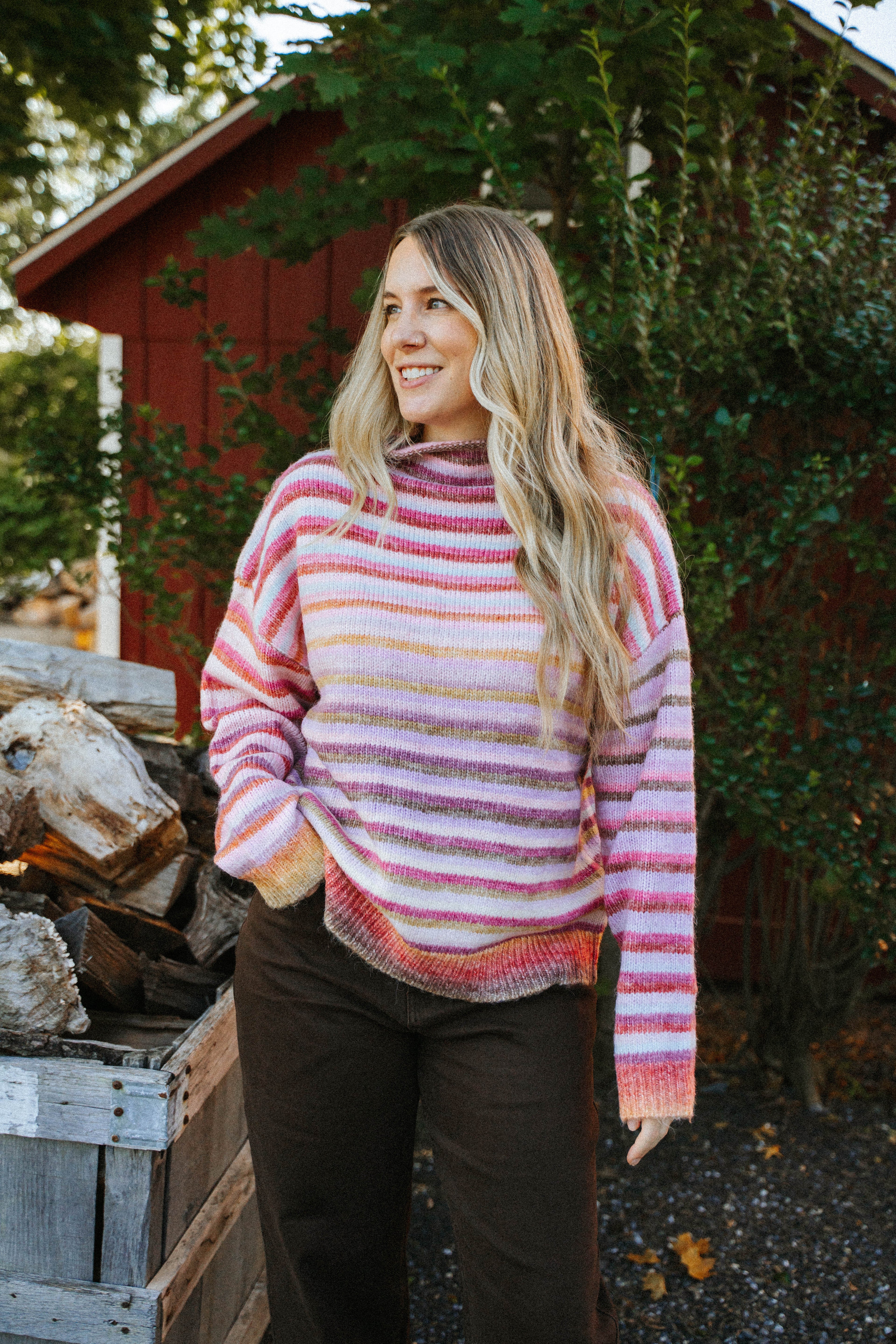 Harvest Lane Stripe Sweater- Berry