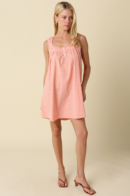Seabreeze Gingham Shift Dress- Coral Pink