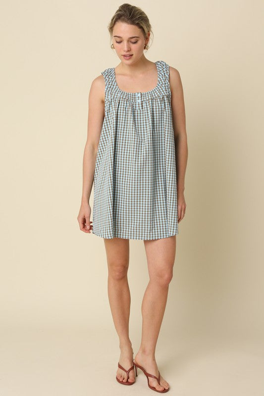 Seabreeze Gingham Shift Dress- Blue/Brown