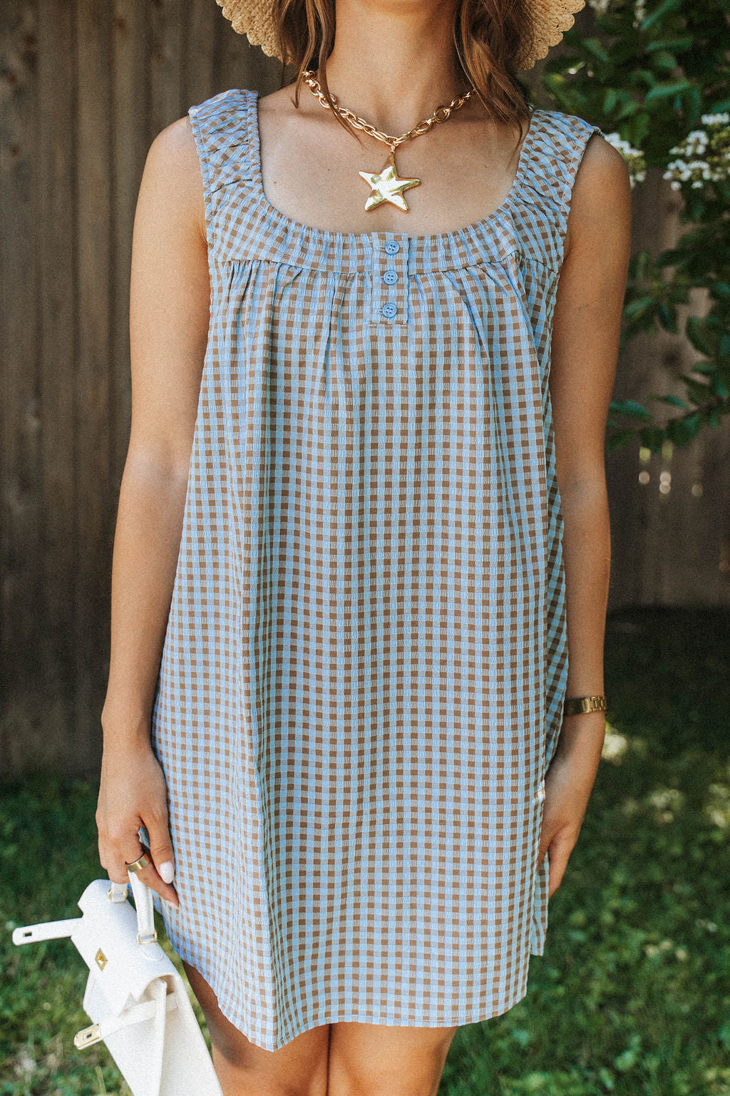 Seabreeze Gingham Shift Dress- Blue/Brown