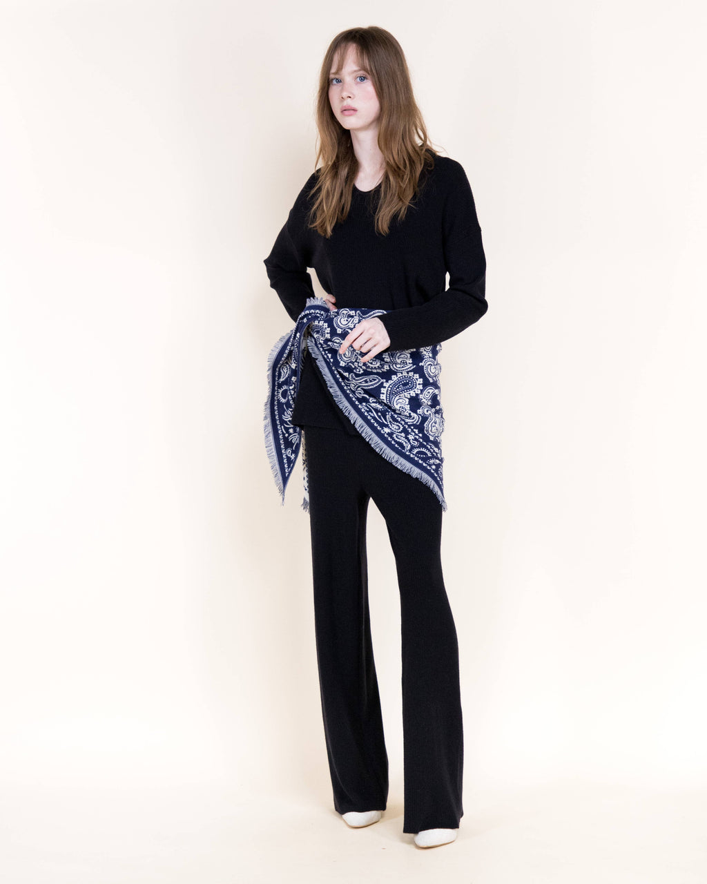 Navy Paisley Fringe Hem Triangular Scarf