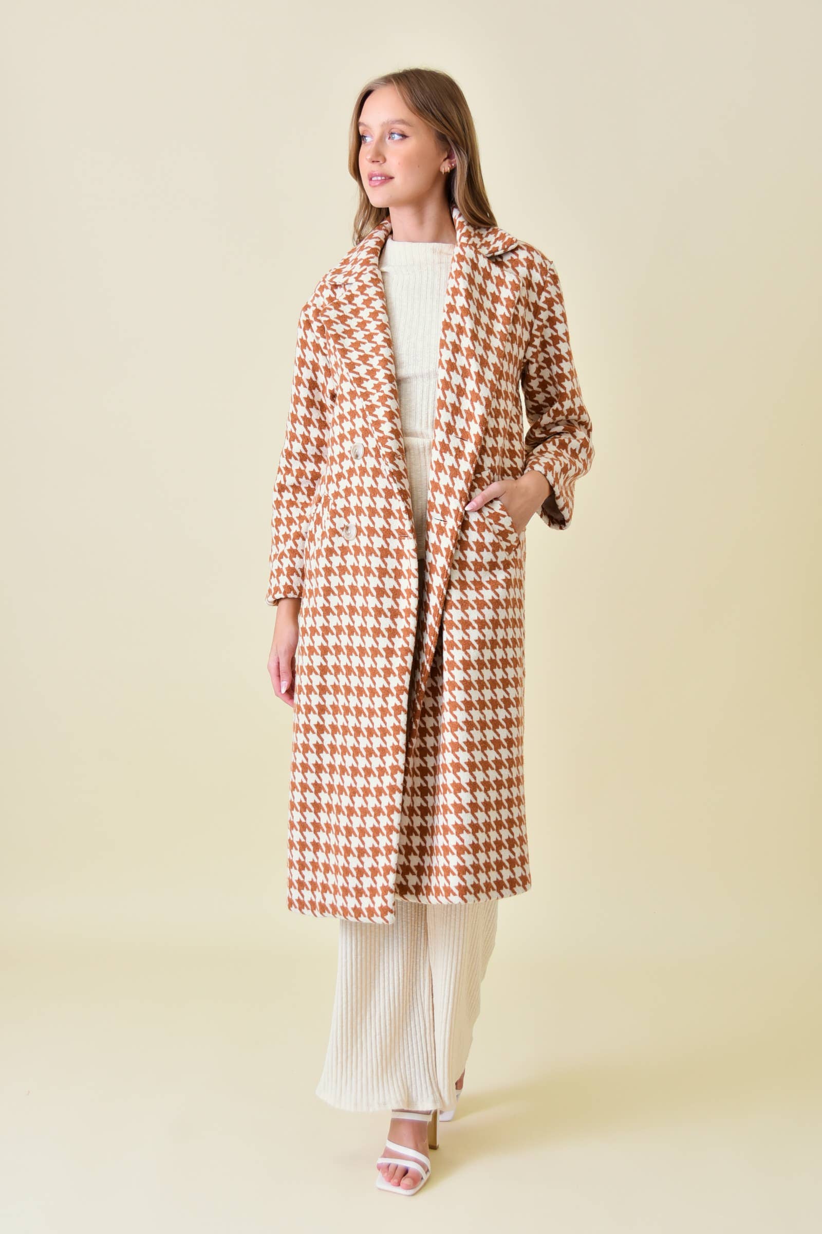 Rust Houndstooth Long Coat