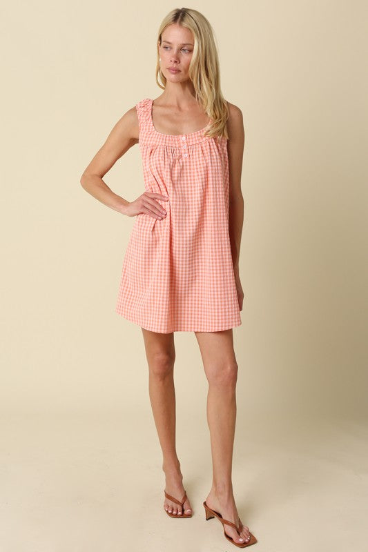 Seabreeze Gingham Shift Dress- Coral Pink