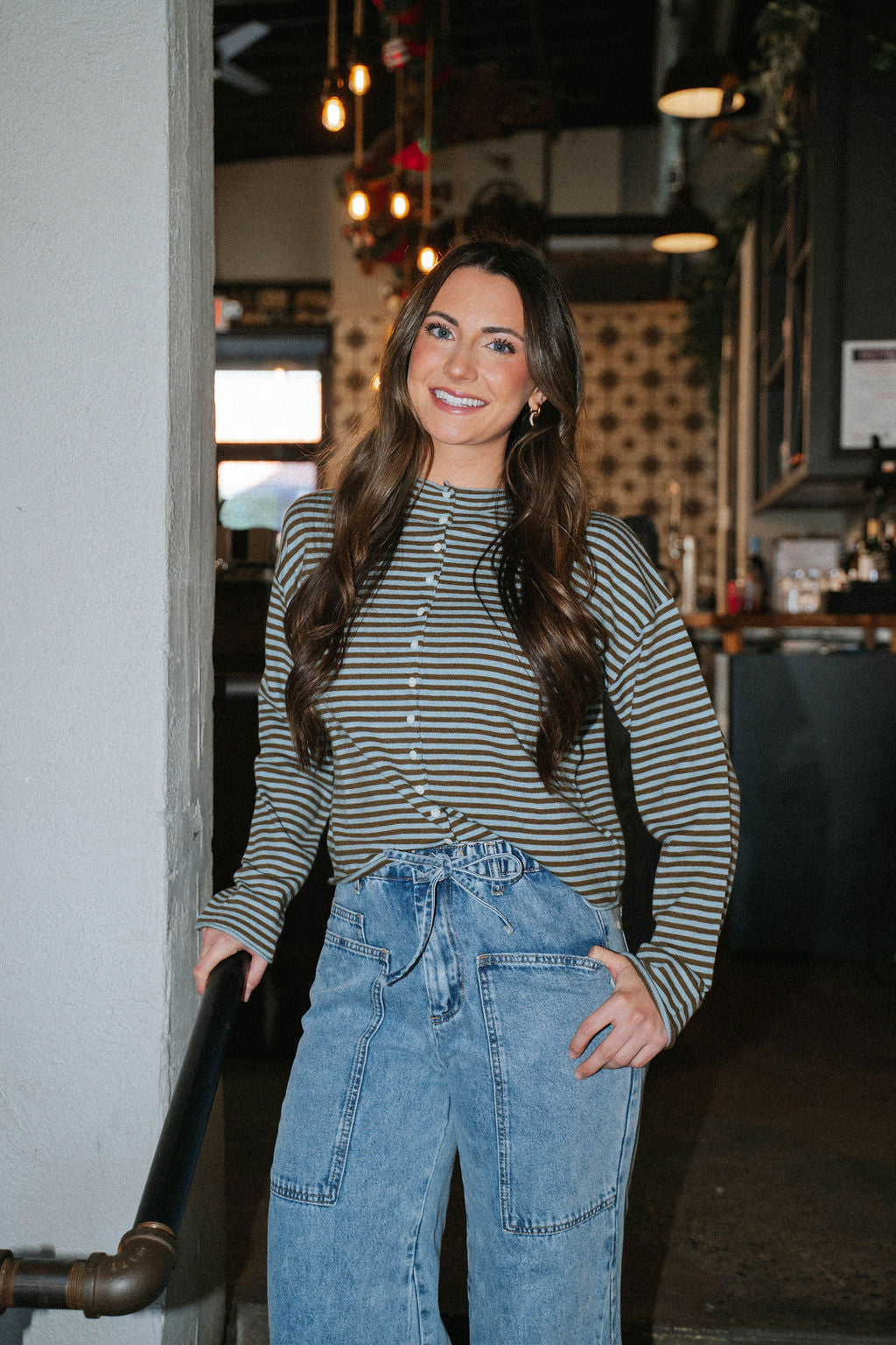 Midnight Lounge Stripe Henley Top-Aqua Blue/ Brown