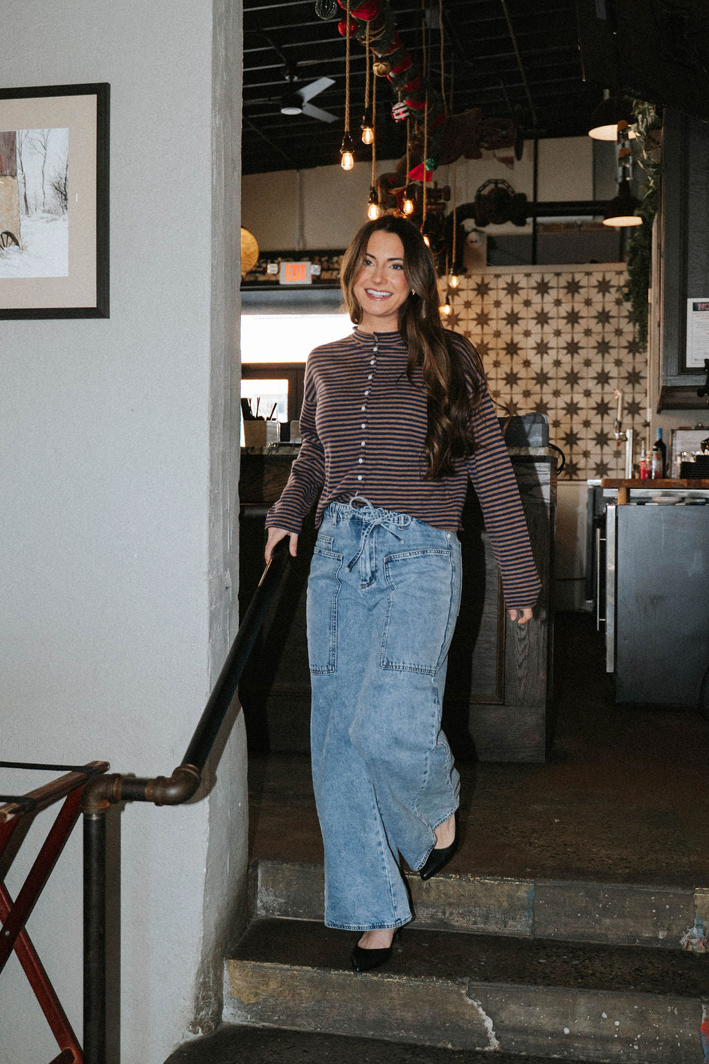 Midnight Lounge Stripe Henley Top-Navy/Mocha