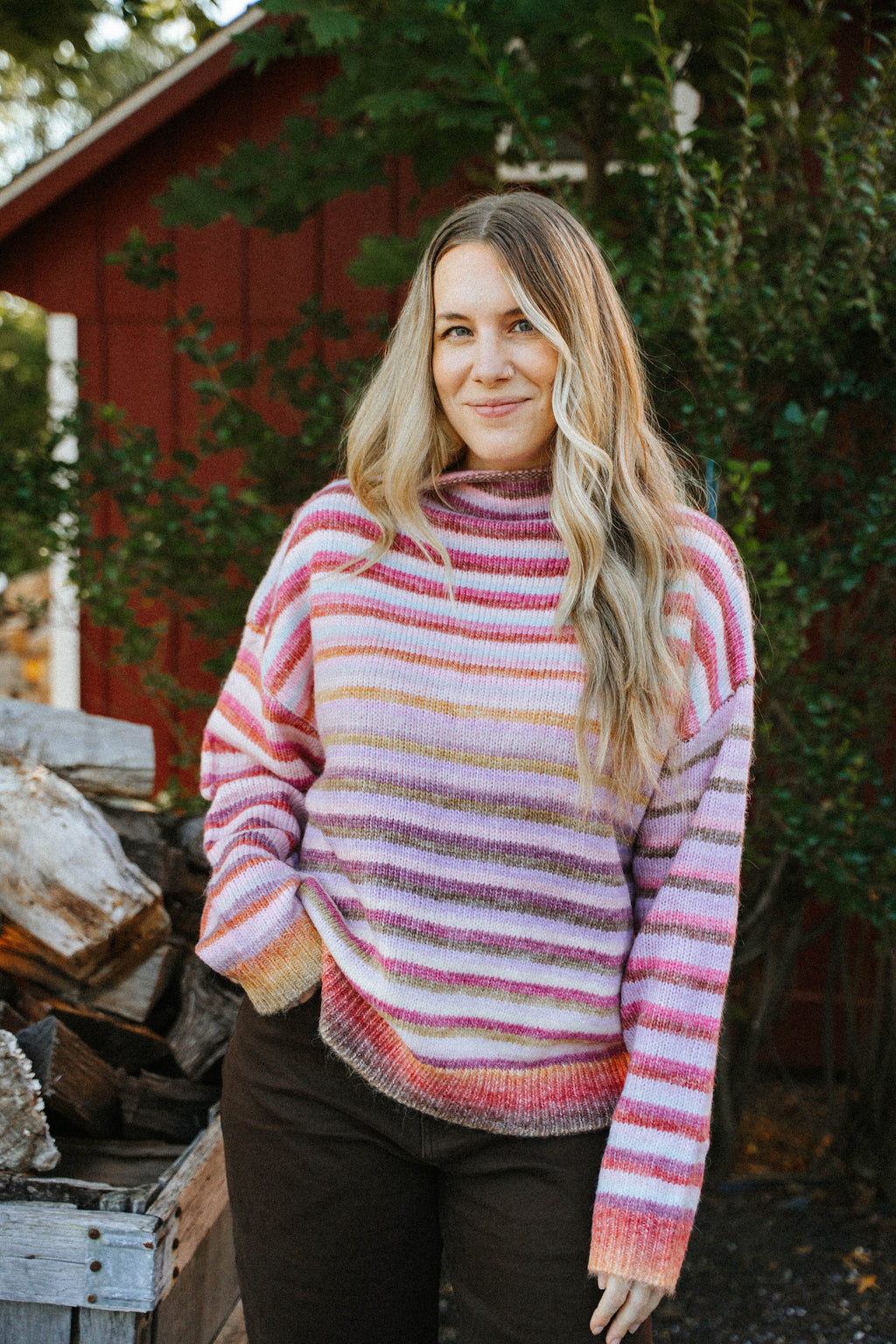 Harvest Lane Stripe Sweater- Berry