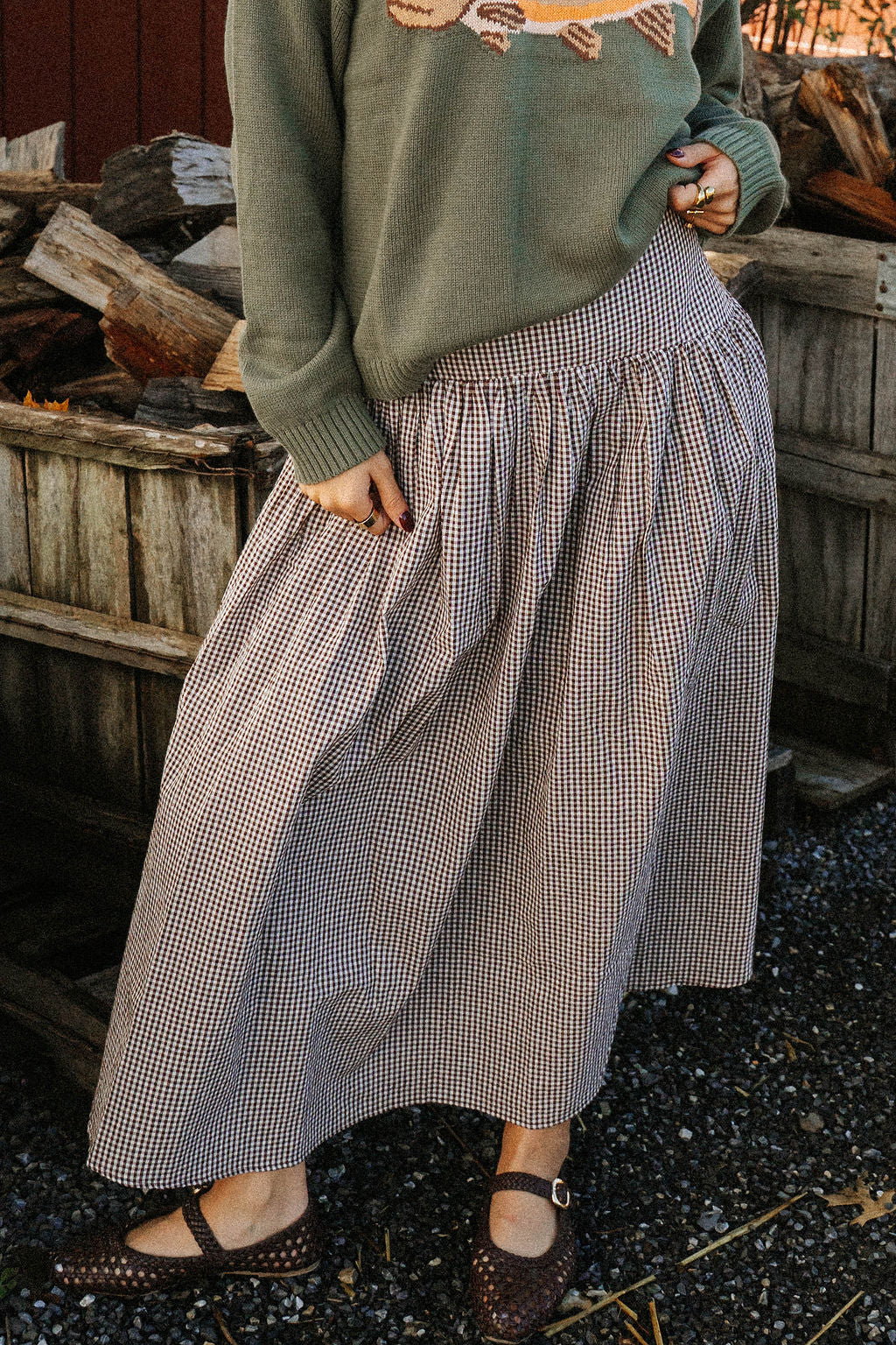 Brown Gingham Drop Waist Midi Skirt