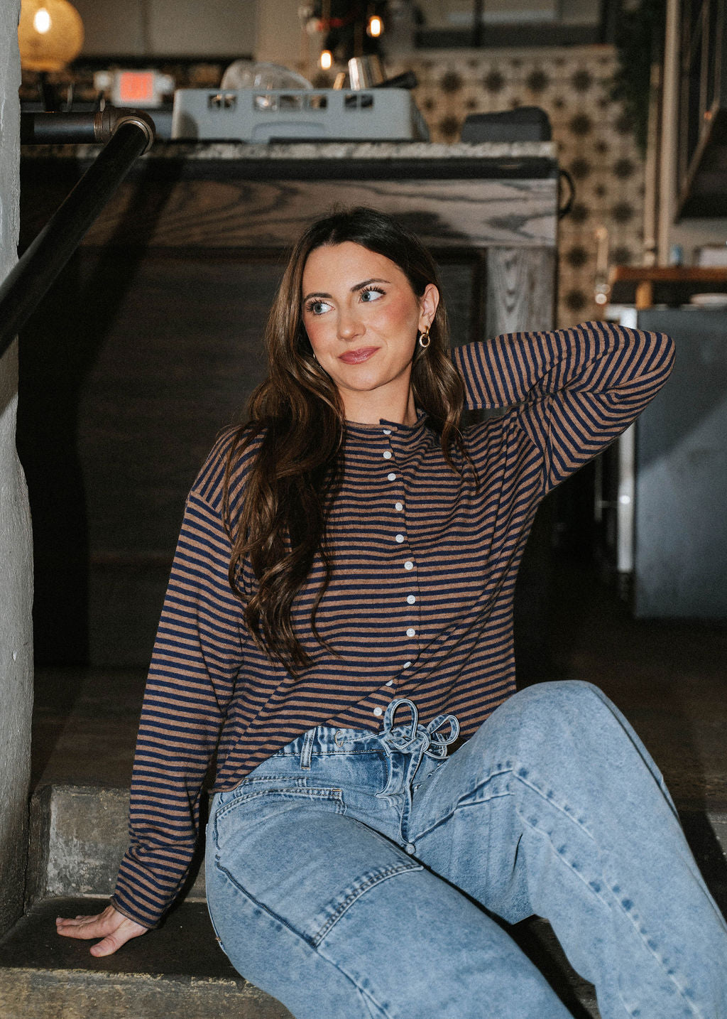 Midnight Lounge Stripe Henley Top-Navy/Mocha