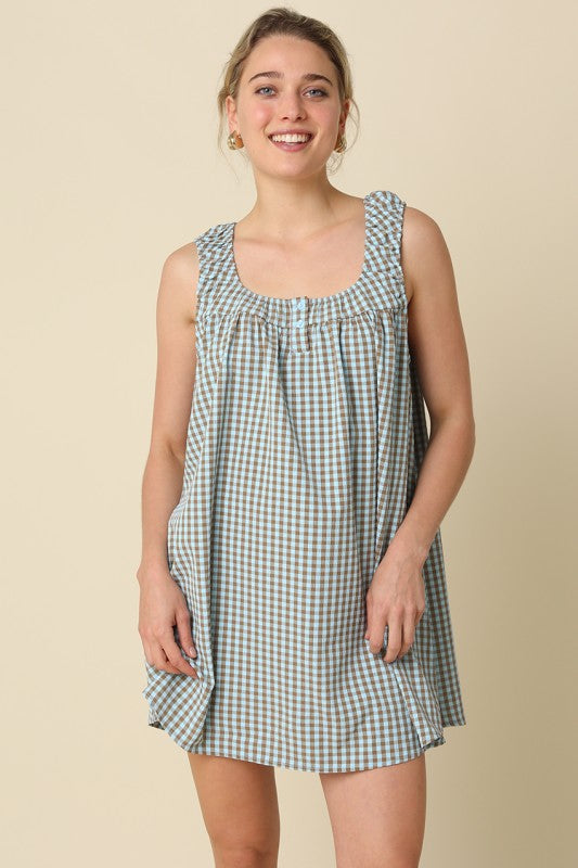 Seabreeze Gingham Shift Dress- Blue/Brown