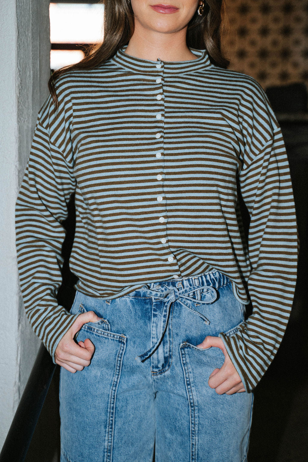 Midnight Lounge Stripe Henley Top-Aqua Blue/ Brown