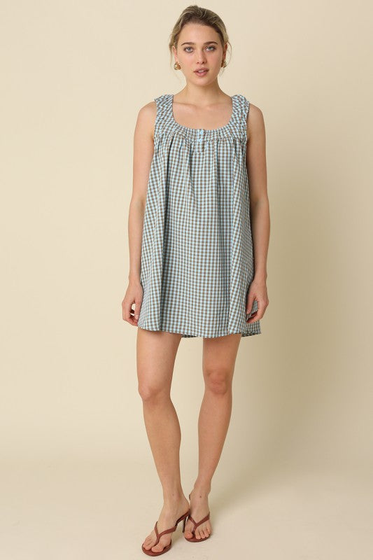 Seabreeze Gingham Shift Dress- Blue/Brown