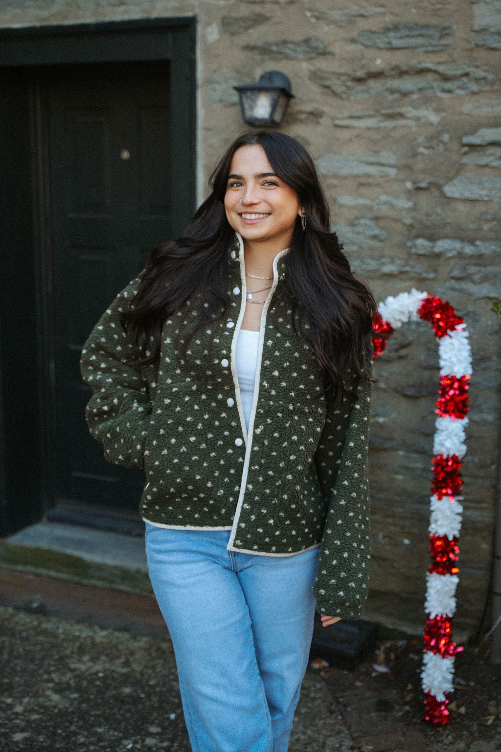 Sugar Cookie Sherpa Snap Jacket- Olive