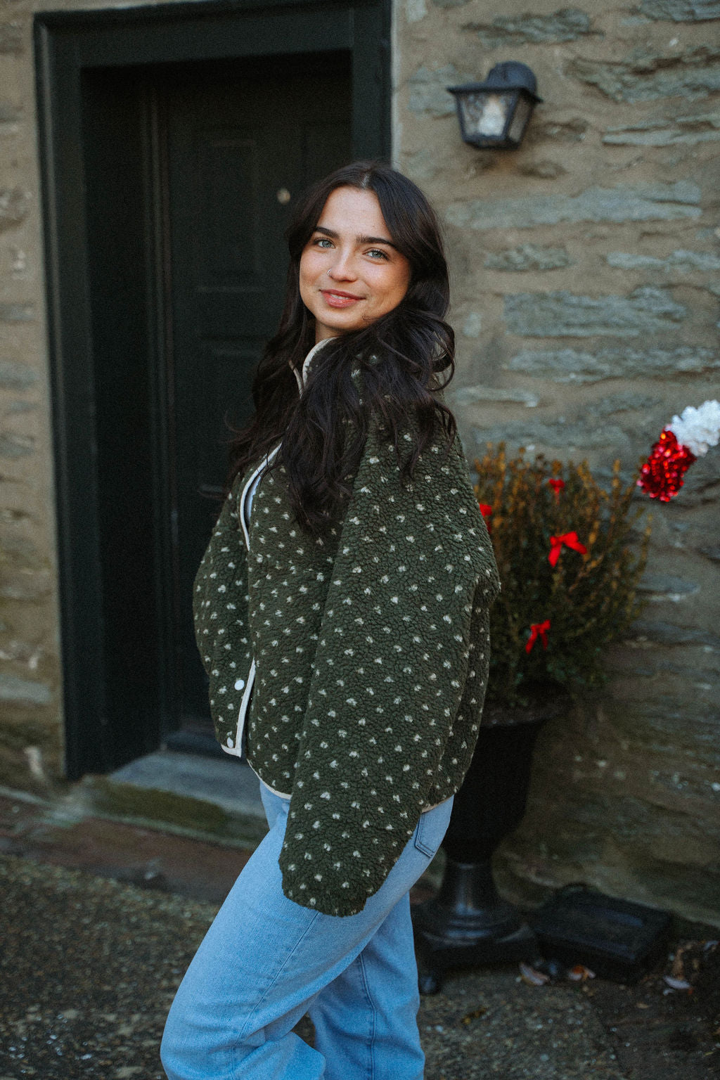 Sugar Cookie Sherpa Snap Jacket- Olive