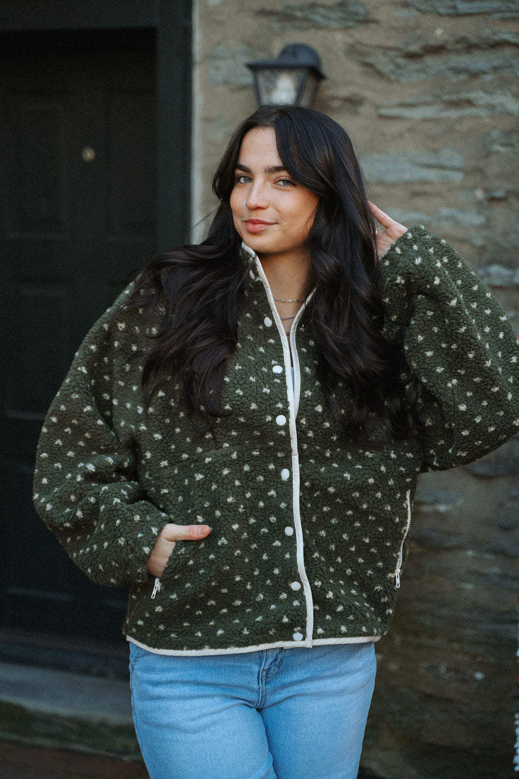 Sugar Cookie Sherpa Snap Jacket- Olive