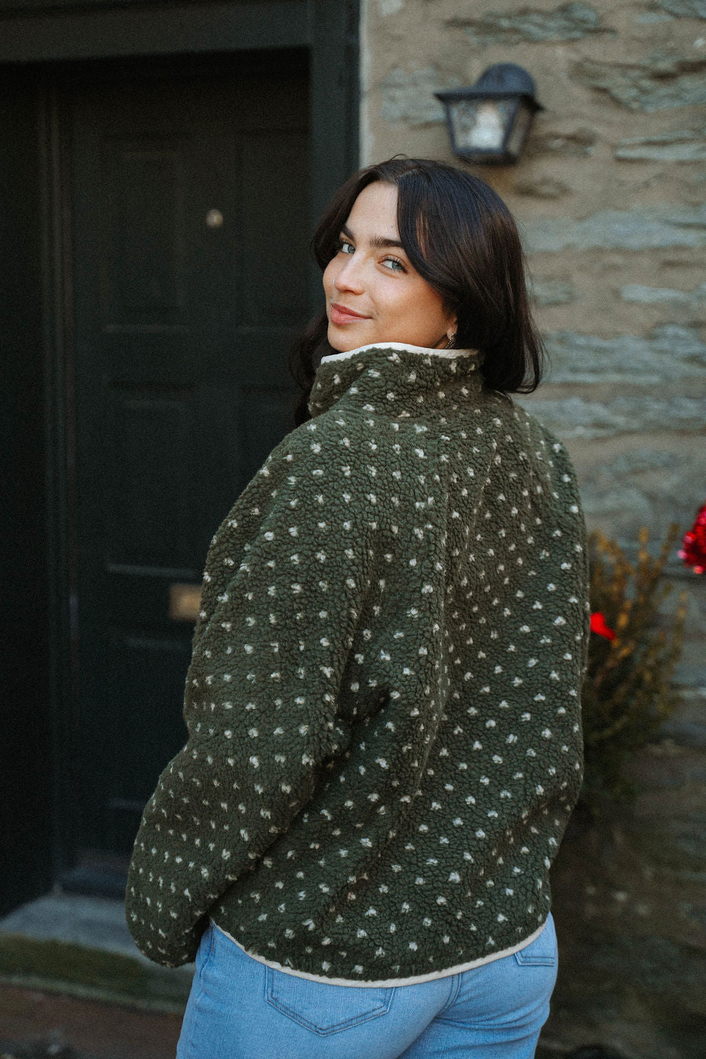 Sugar Cookie Sherpa Snap Jacket- Olive