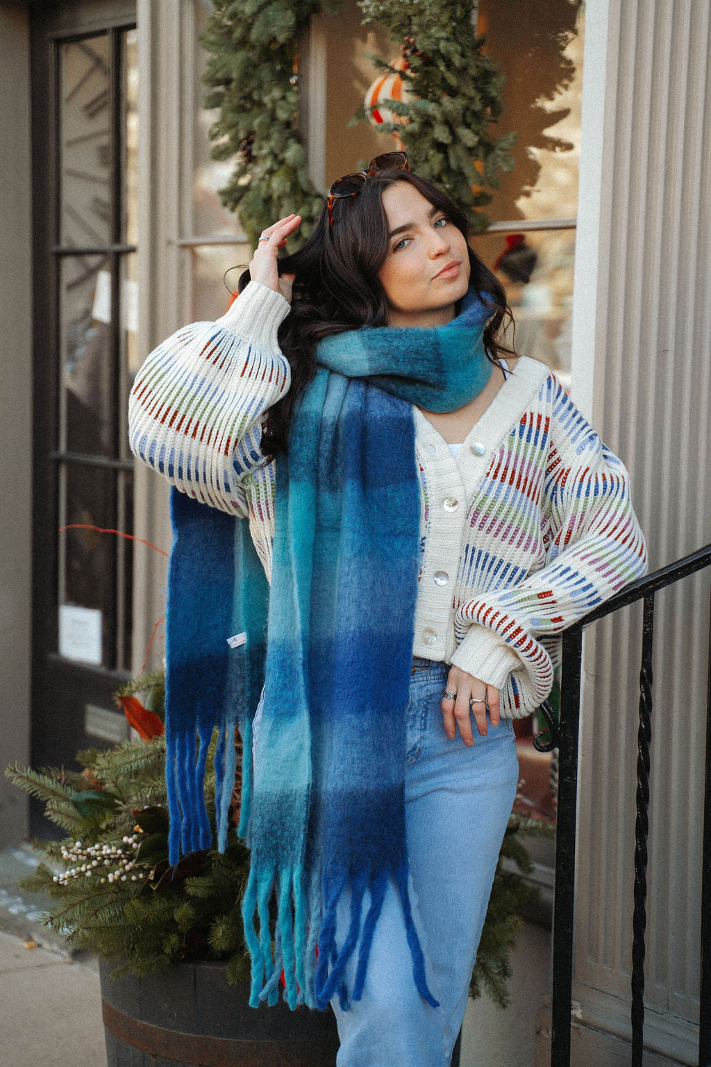 Plaid Oblong Scarf with Fringe: Blue