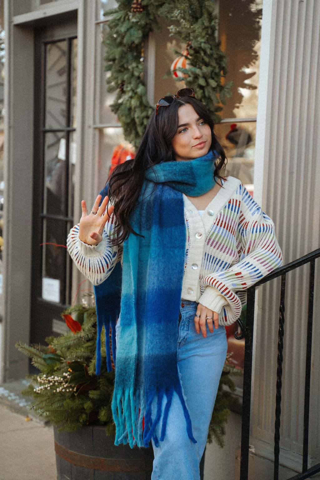 Plaid Oblong Scarf with Fringe: Blue