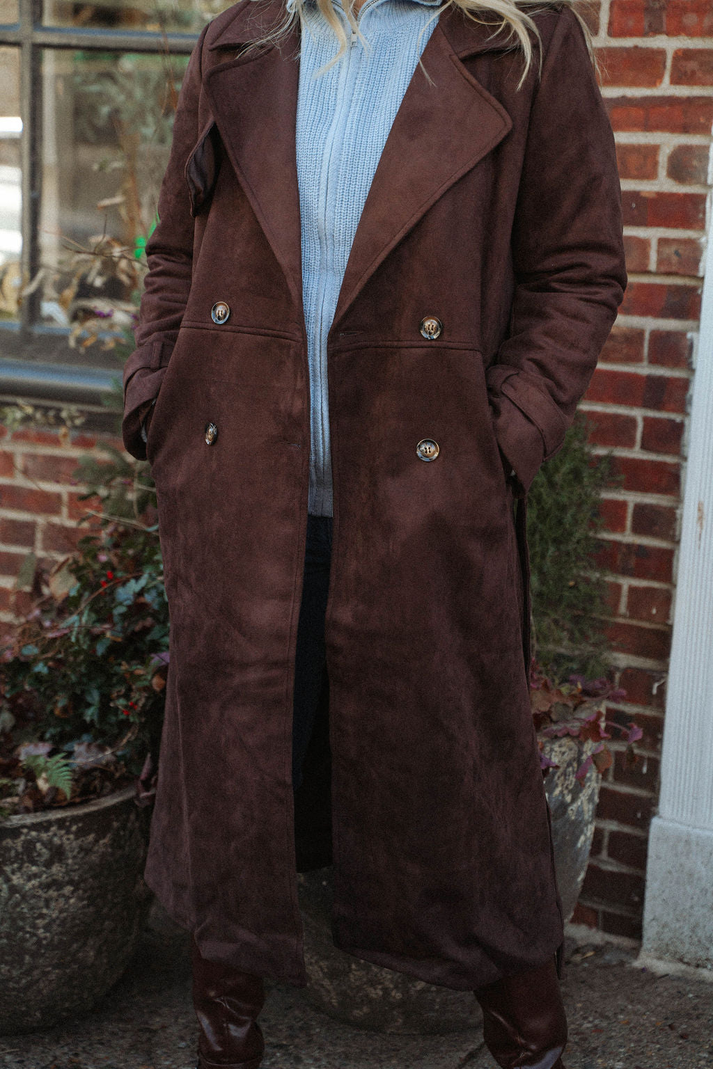 Frosted Cocoa Suede Duster Coat