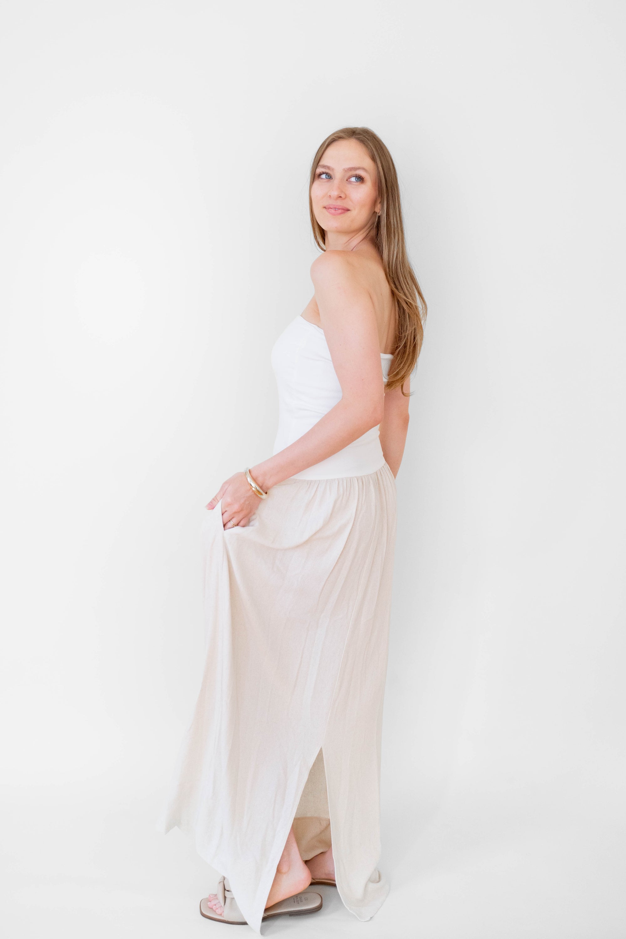Oatmeal Linen Mix Media Maxi Dress