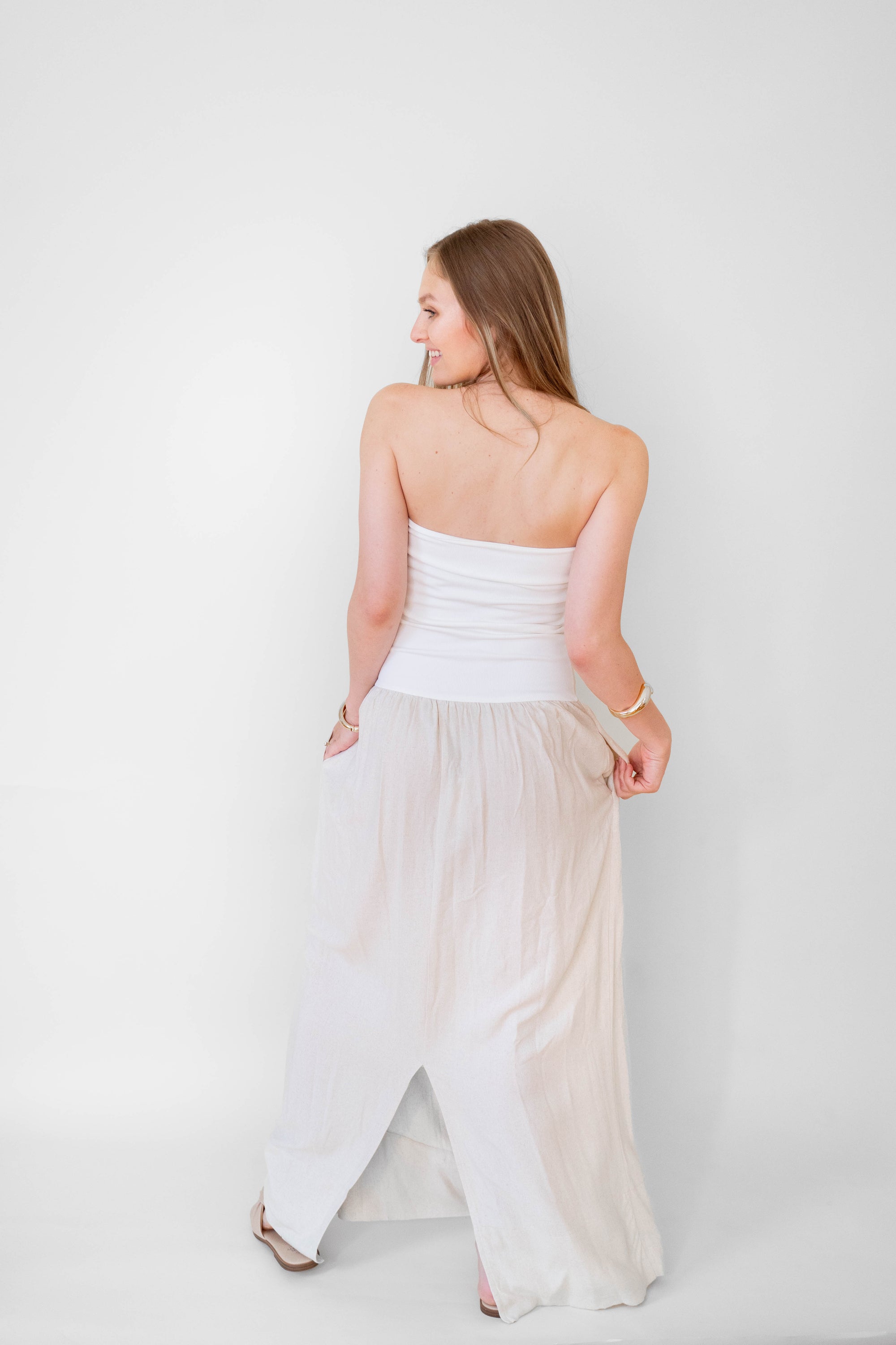 Oatmeal Linen Mix Media Maxi Dress