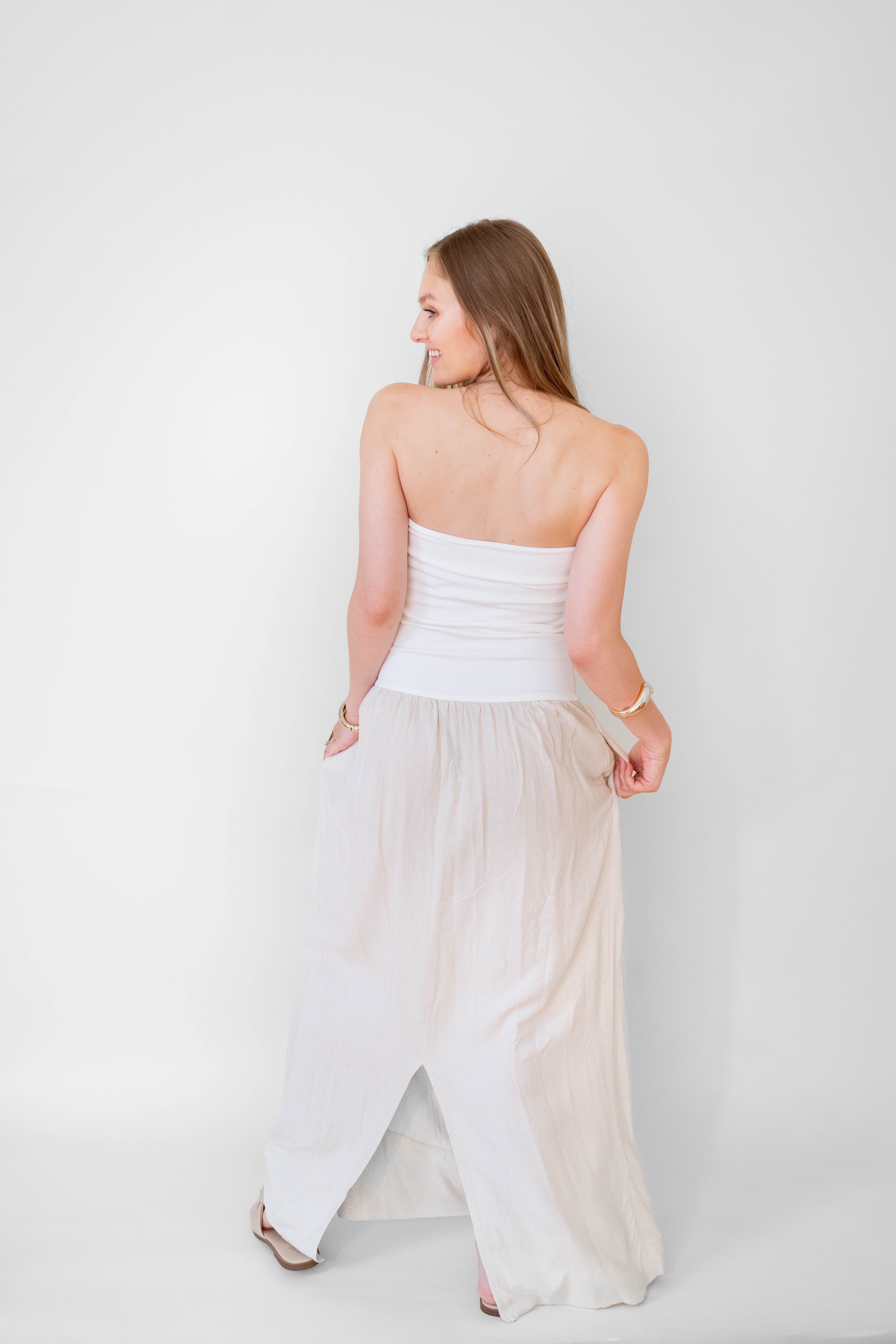 Oatmeal Linen Mix Media Maxi Dress