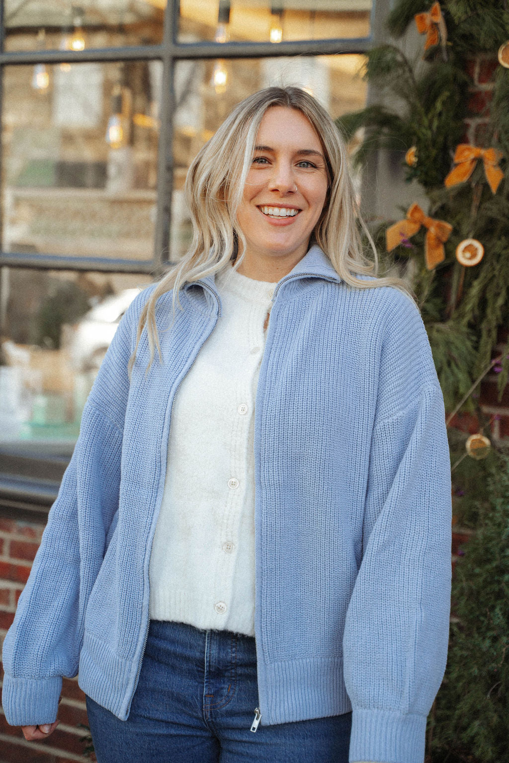 Driftwood Zip Knit Sweater- Periwinkle