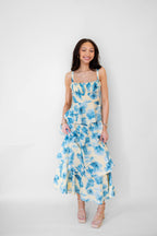 Yellow/ Blue Floral Tiered Maxi Dress