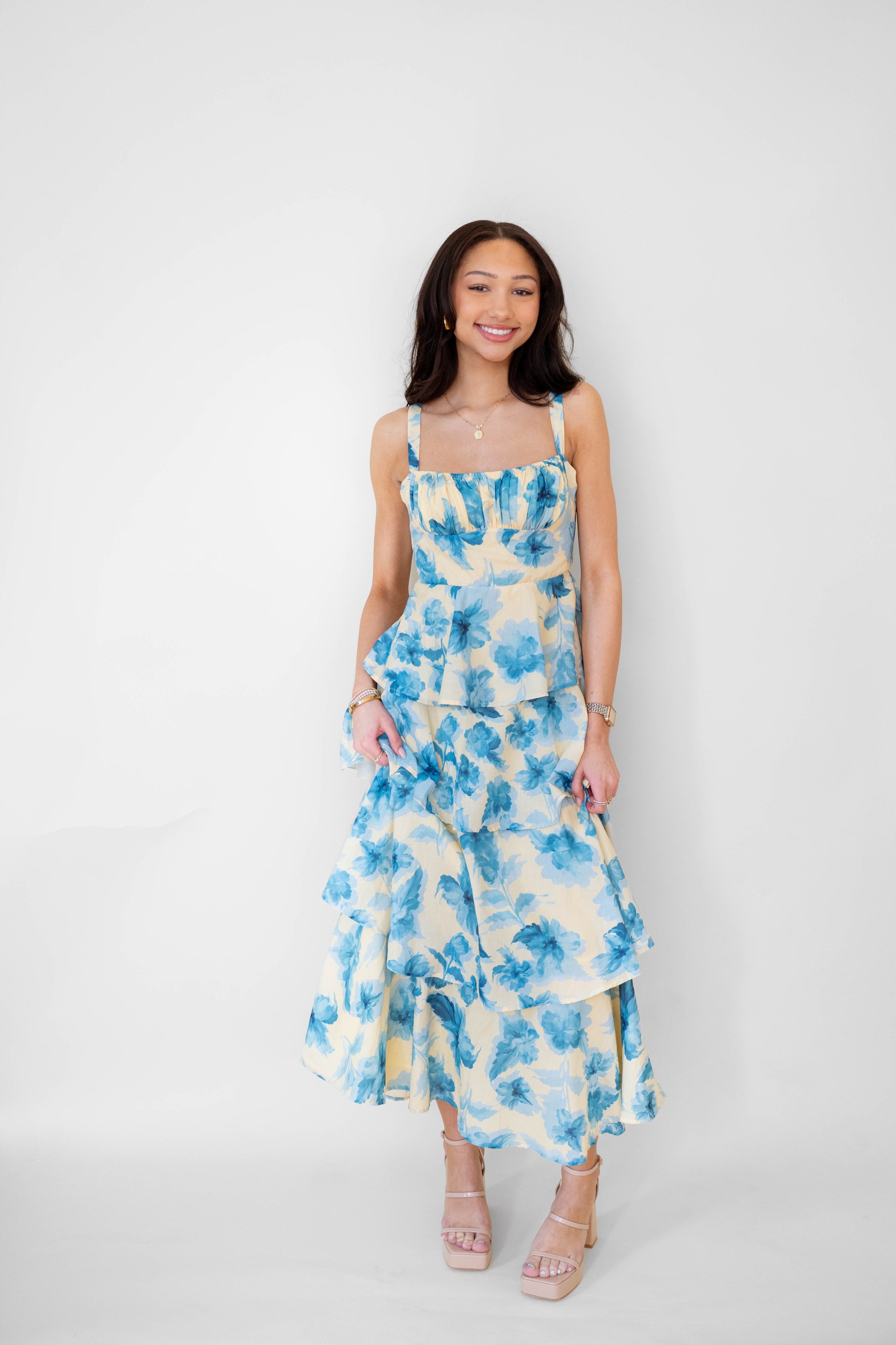 Yellow/ Blue Floral Tiered Maxi Dress