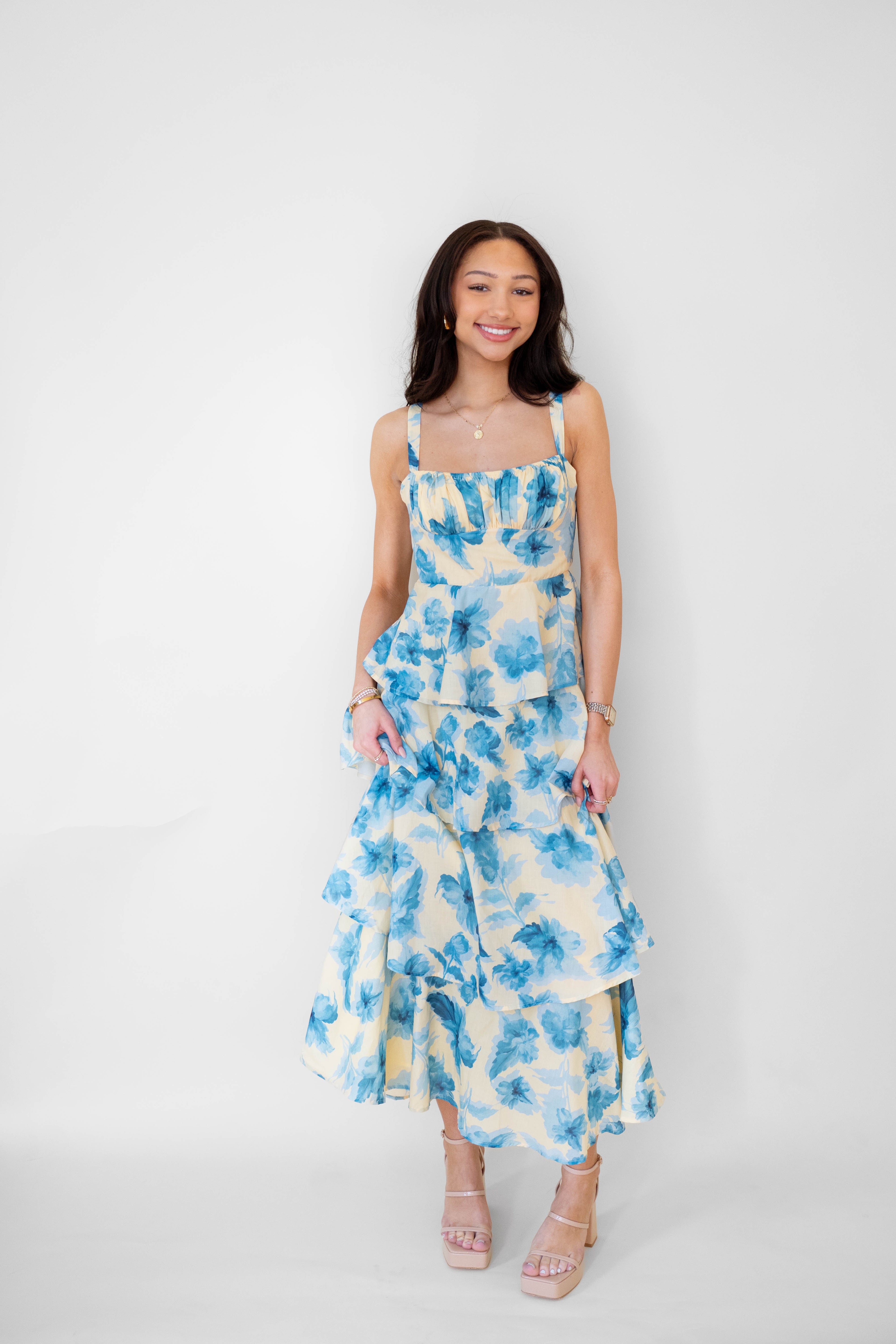 Yellow/ Blue Floral Tiered Maxi Dress
