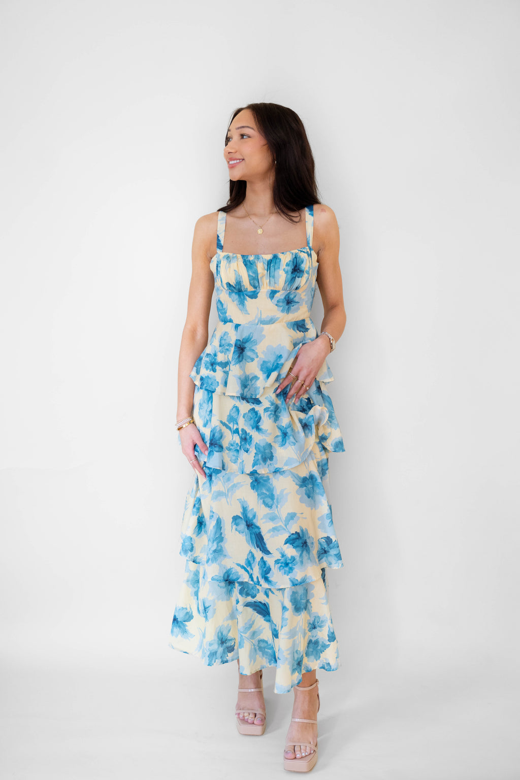 Yellow/ Blue Floral Tiered Maxi Dress