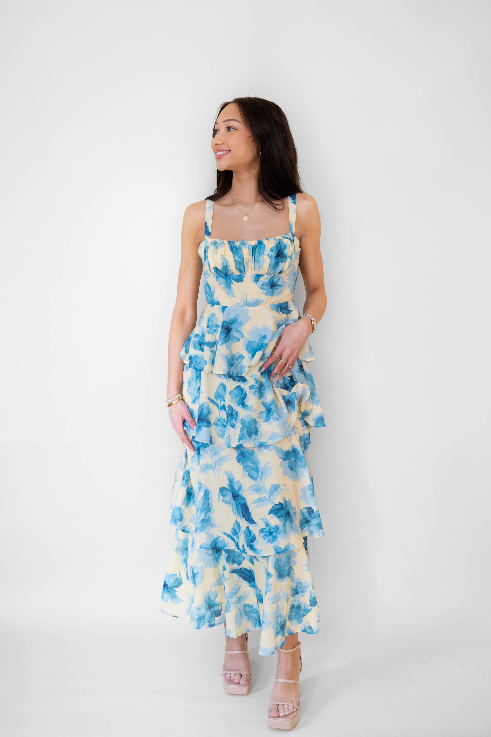Yellow/ Blue Floral Tiered Maxi Dress
