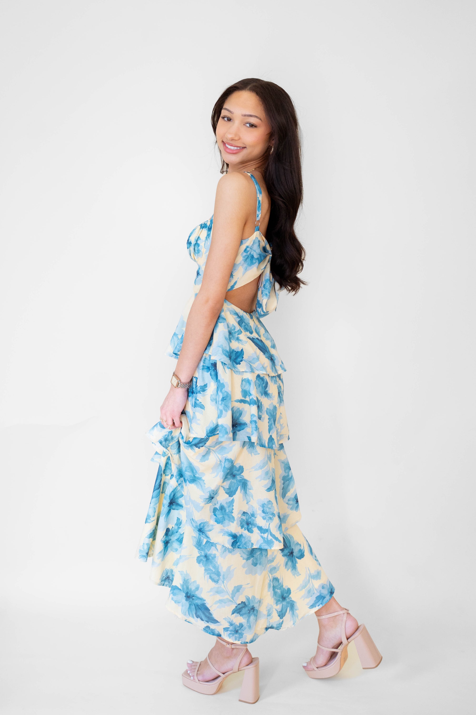 Yellow/ Blue Floral Tiered Maxi Dress