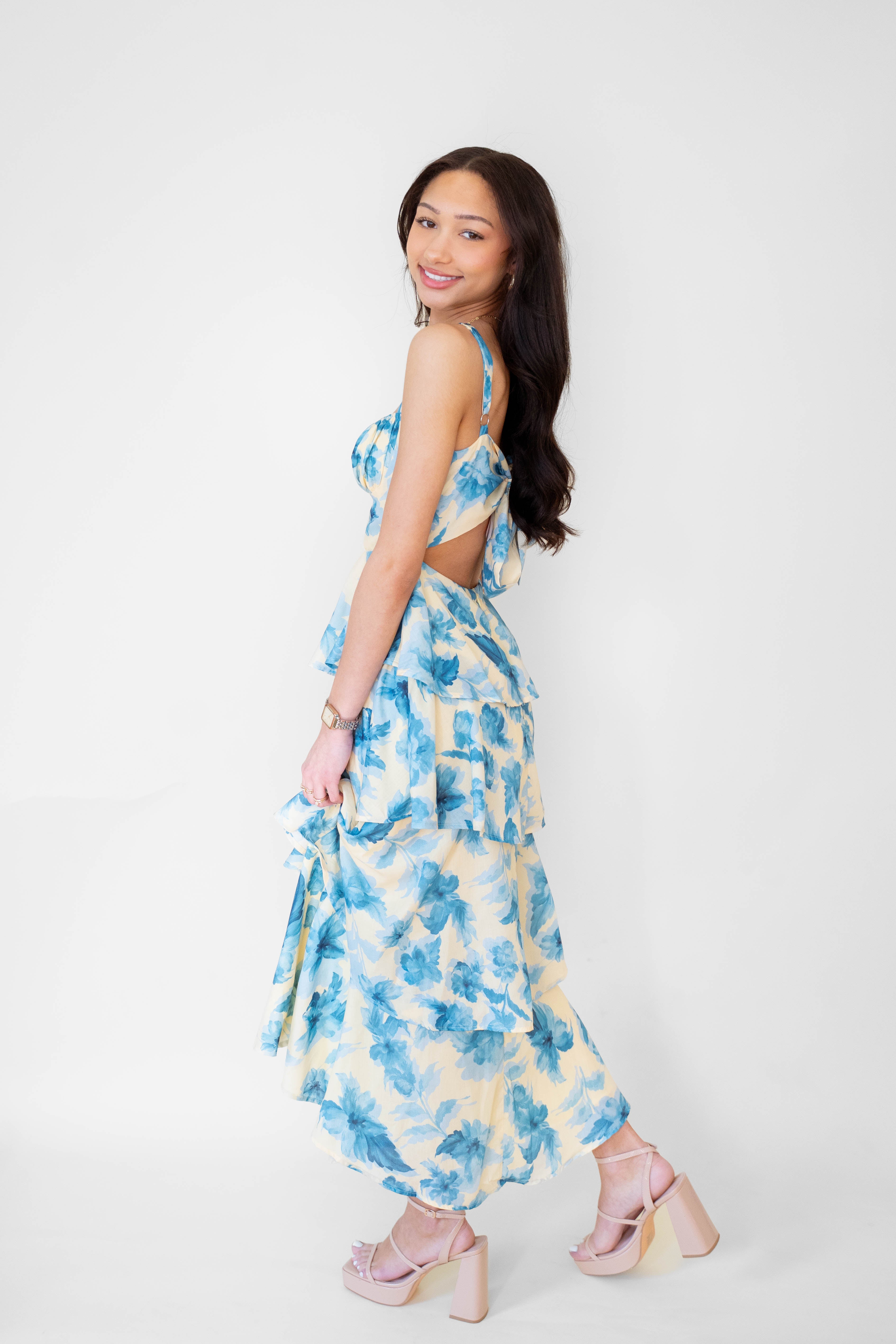Yellow/ Blue Floral Tiered Maxi Dress