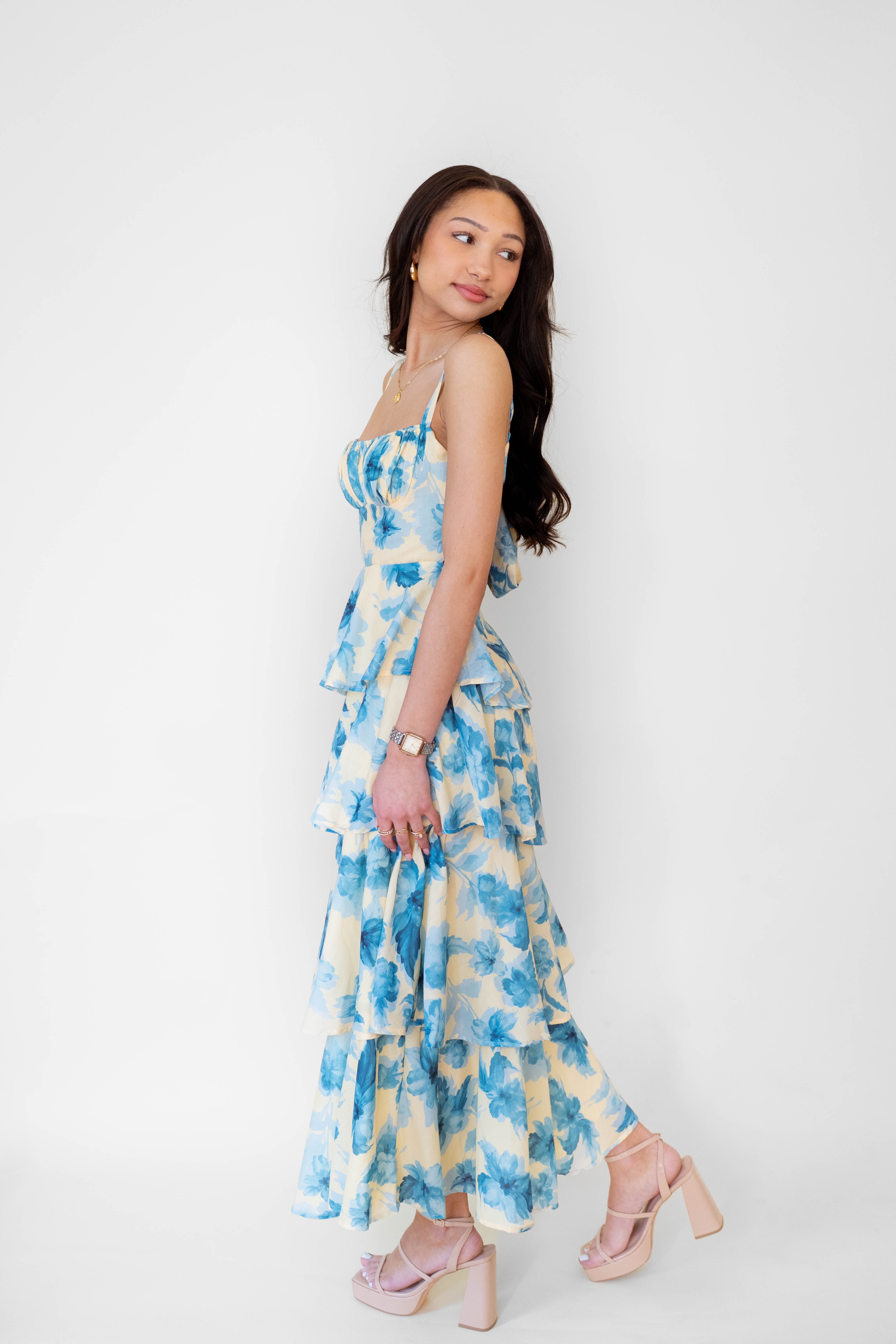 Yellow/ Blue Floral Tiered Maxi Dress