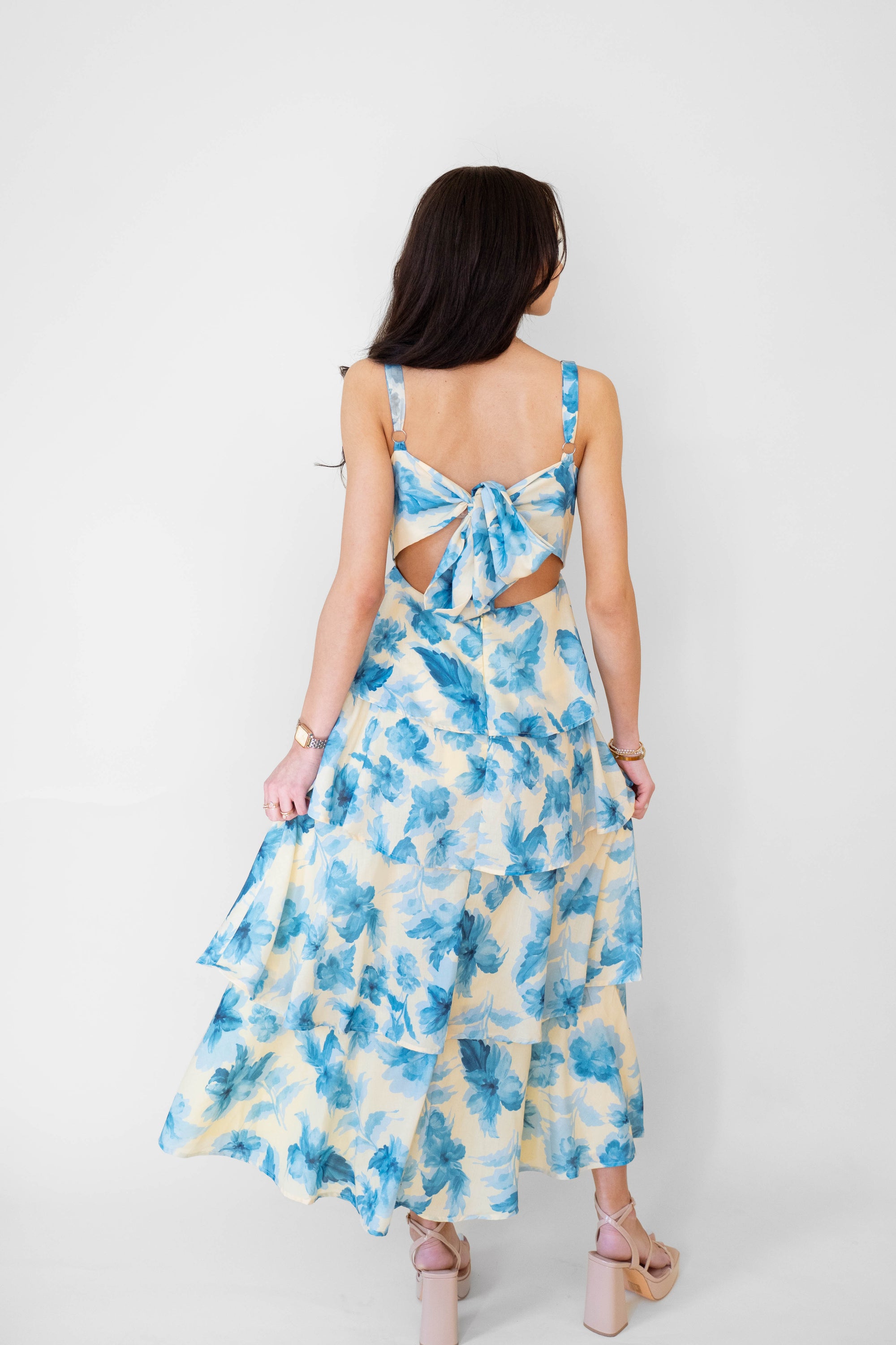 Yellow/ Blue Floral Tiered Maxi Dress