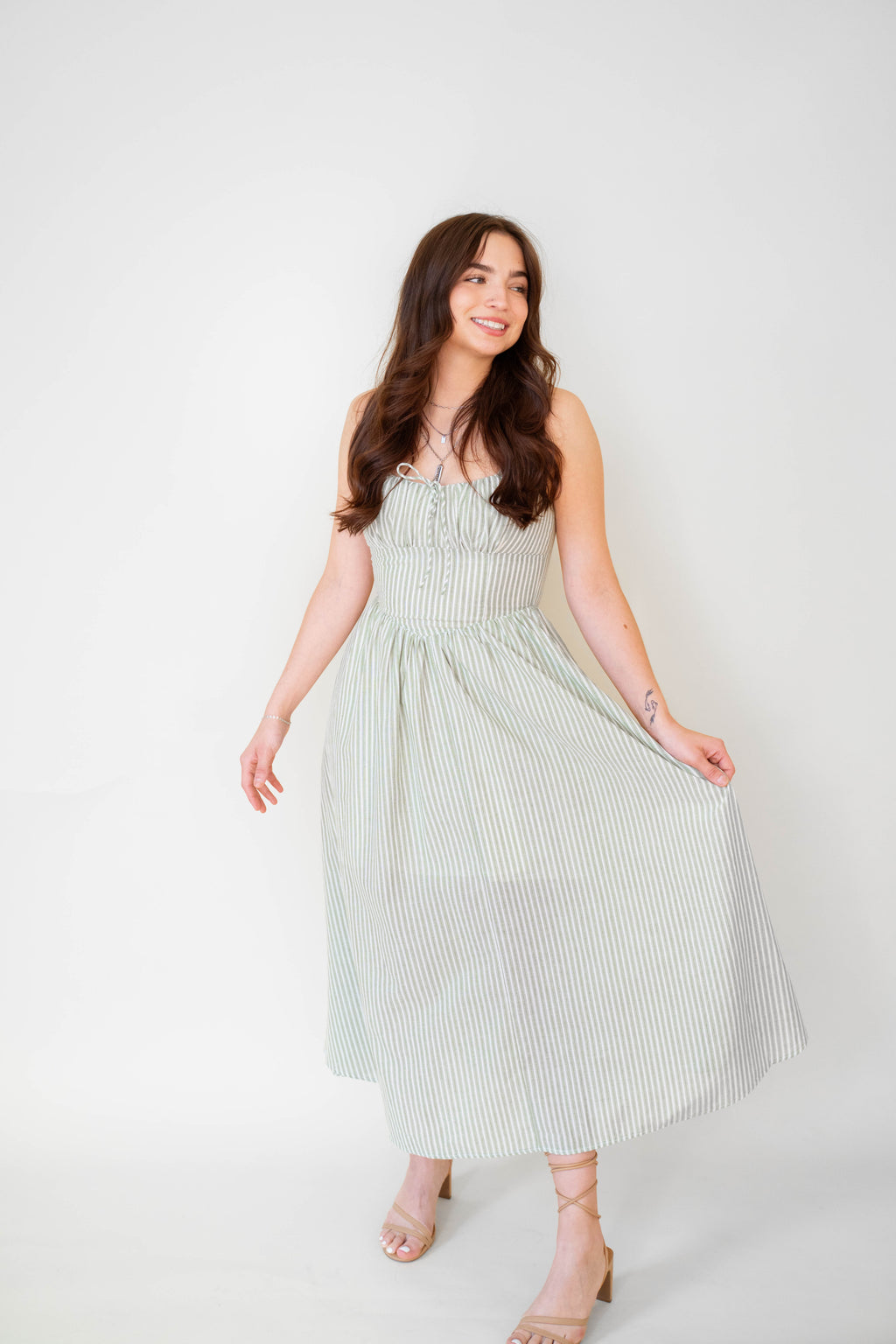 Lucia Sage Stripe Linen Midi Dress