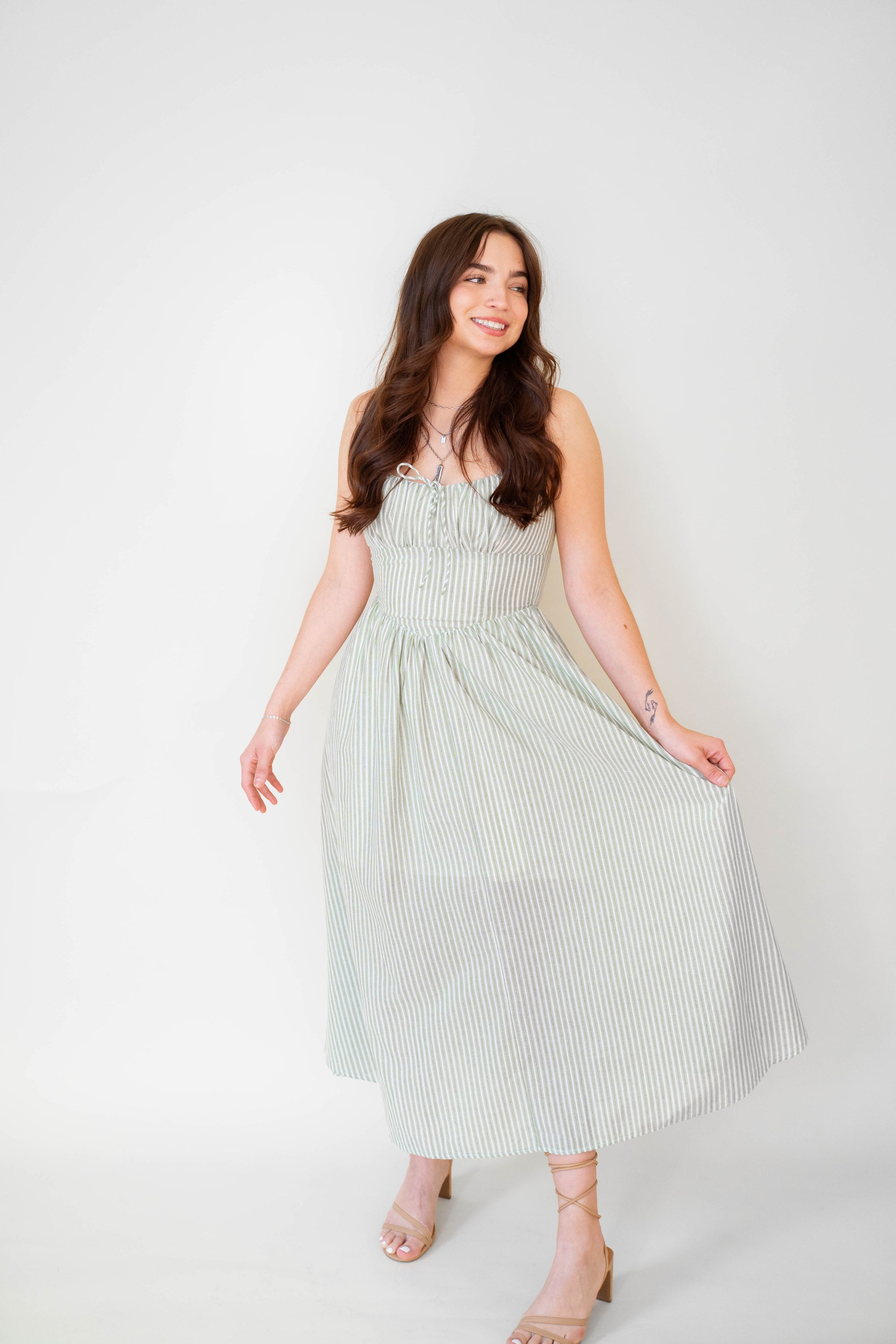 Lucia Sage Stripe Linen Midi Dress