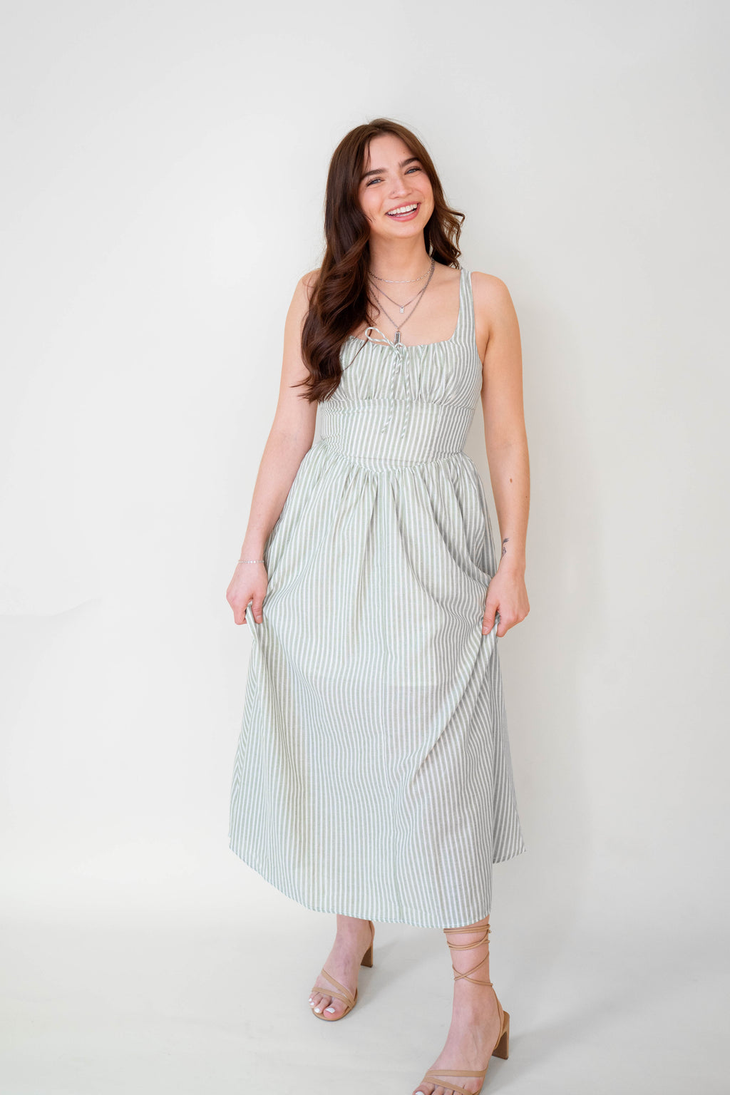 Lucia Sage Stripe Linen Midi Dress