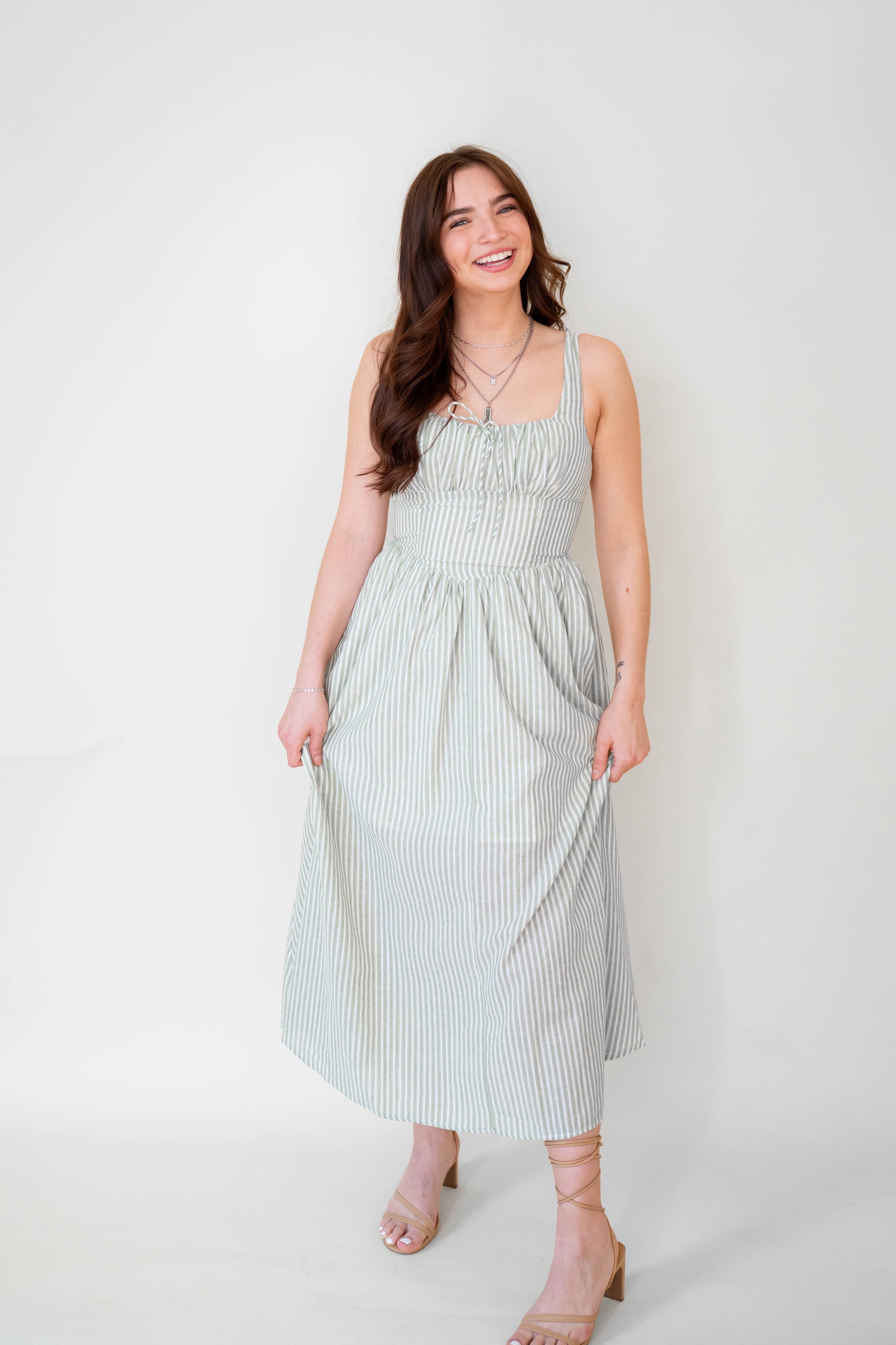 Lucia Sage Stripe Linen Midi Dress