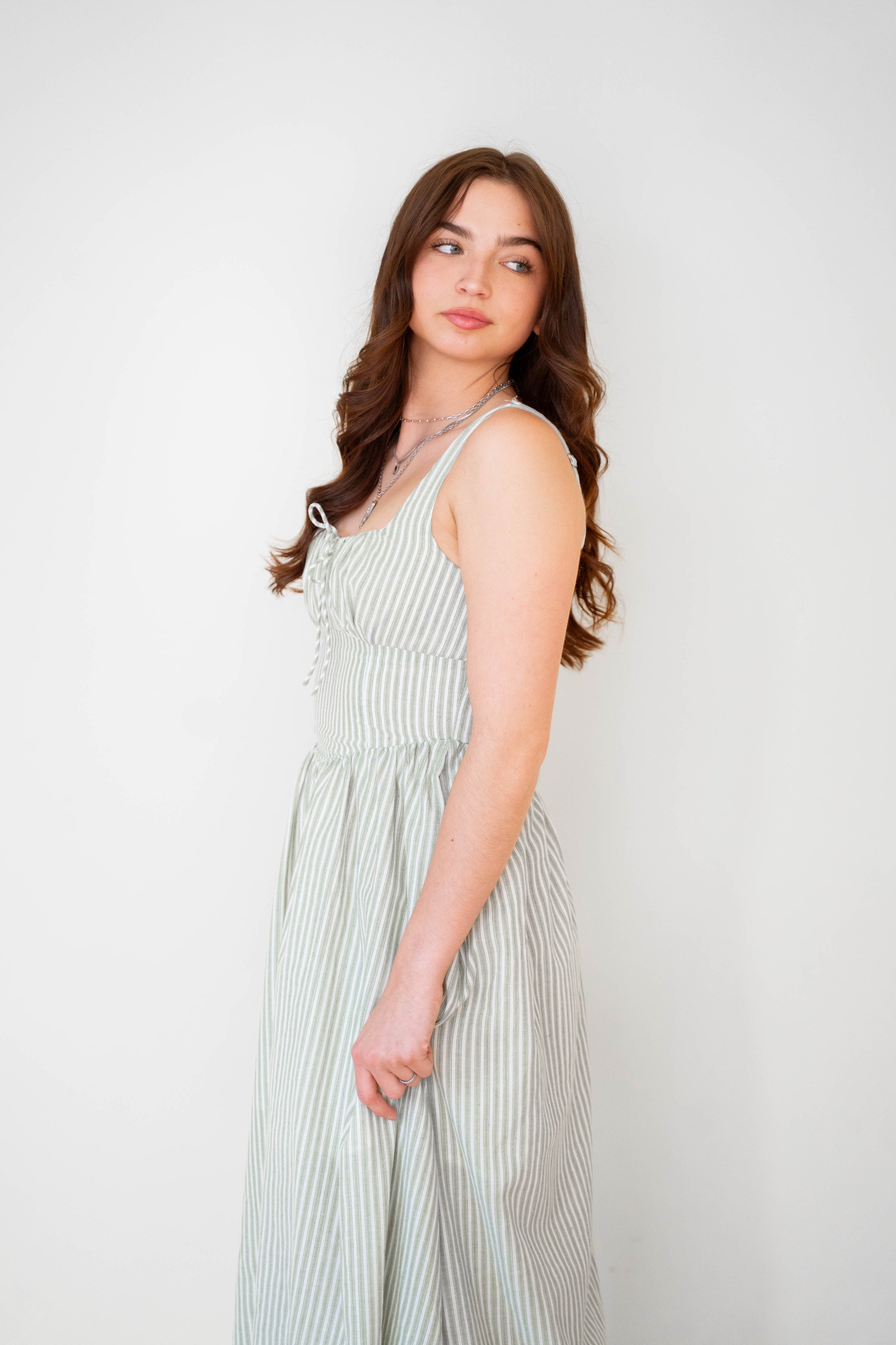 Lucia Sage Stripe Linen Midi Dress