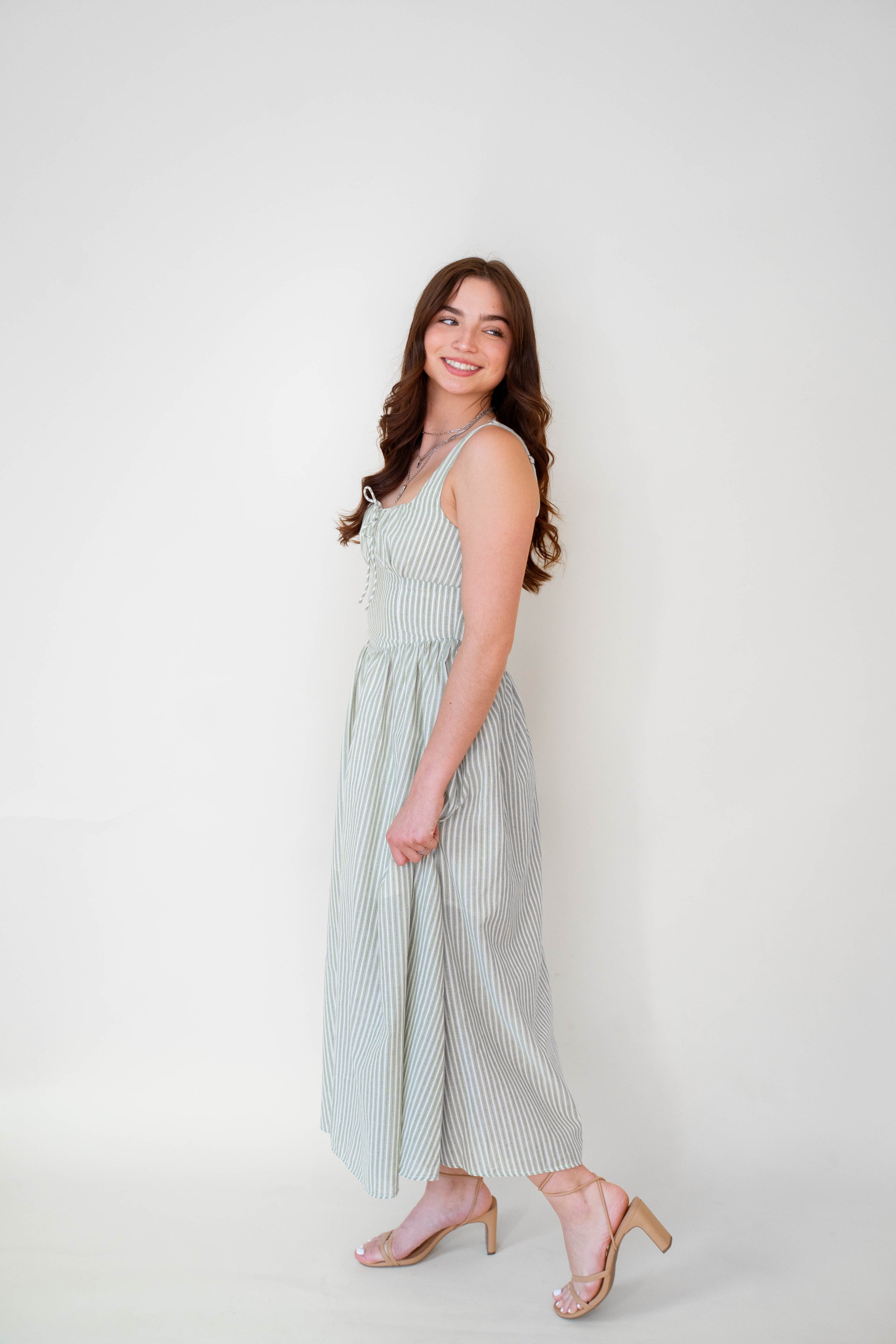Lucia Sage Stripe Linen Midi Dress