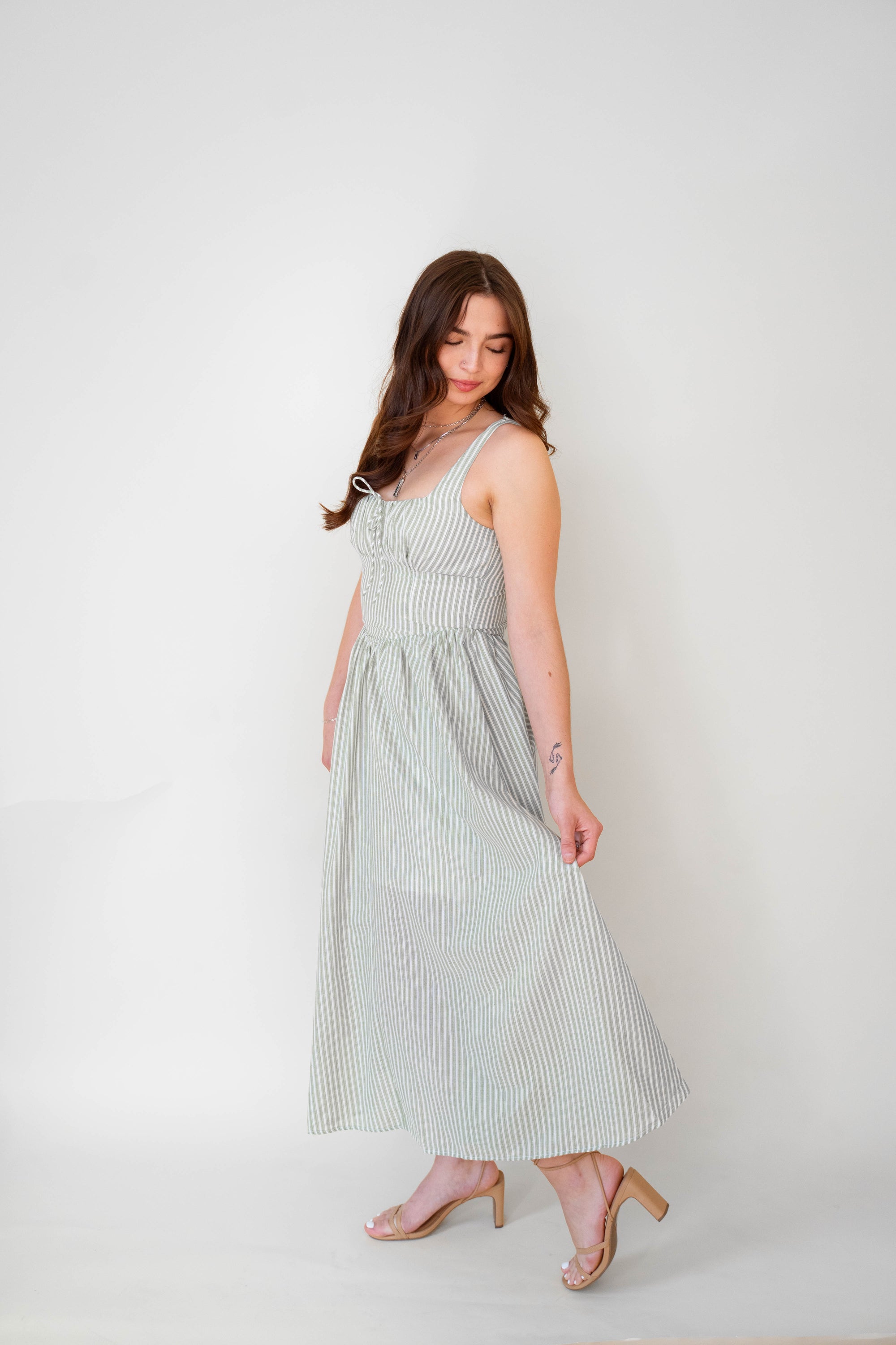 Lucia Sage Stripe Linen Midi Dress