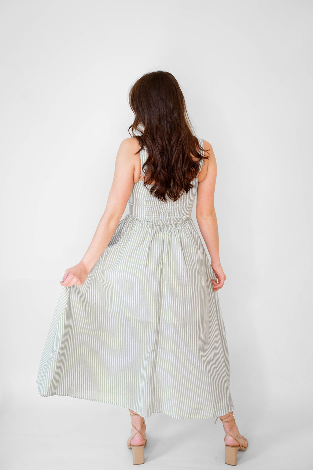Lucia Sage Stripe Linen Midi Dress